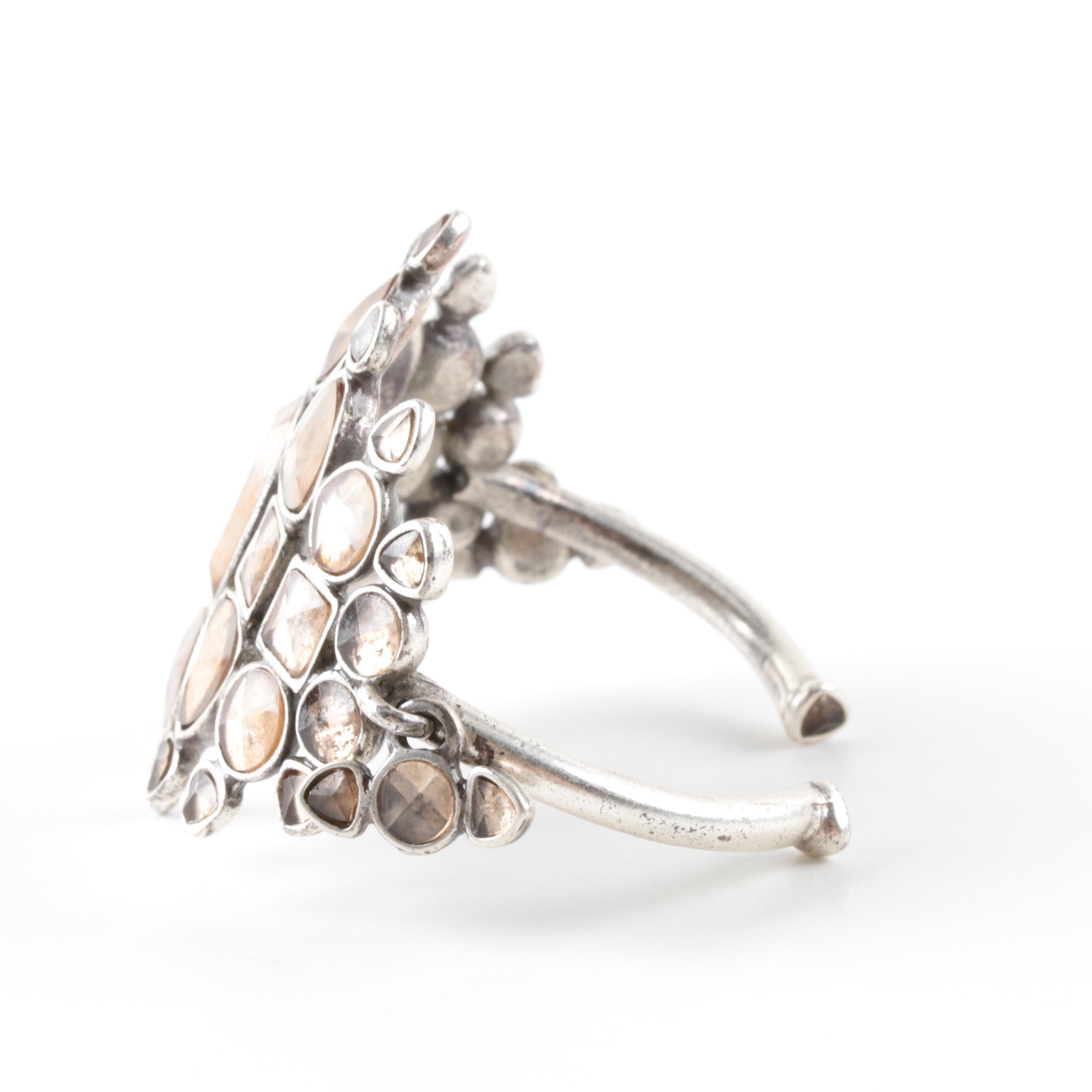 Yves Saint Laurent Sterling Silver Foilbacked Glass Cuff Bracelet