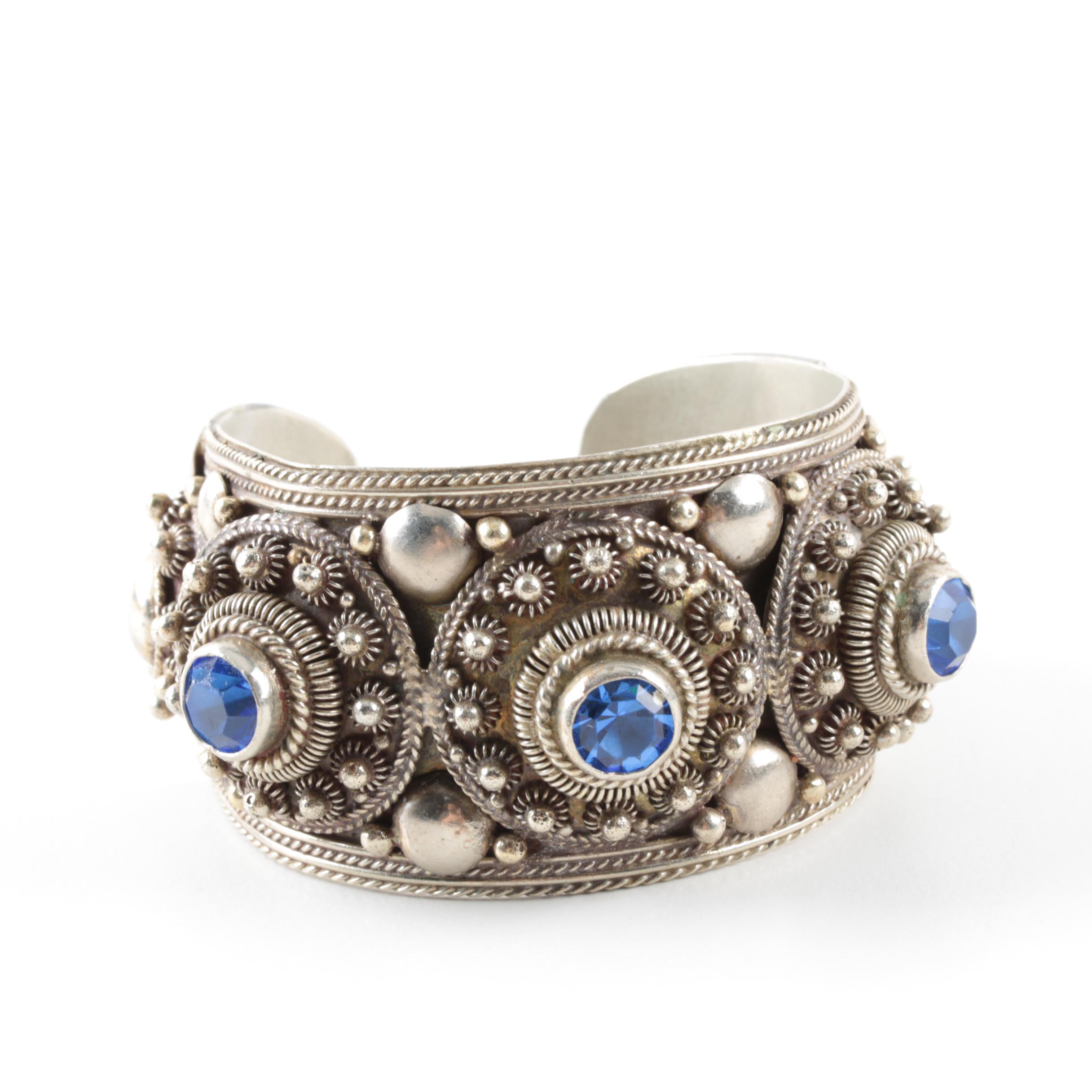 Thai Sterling Silver Blue Glass Cuff Bracelet