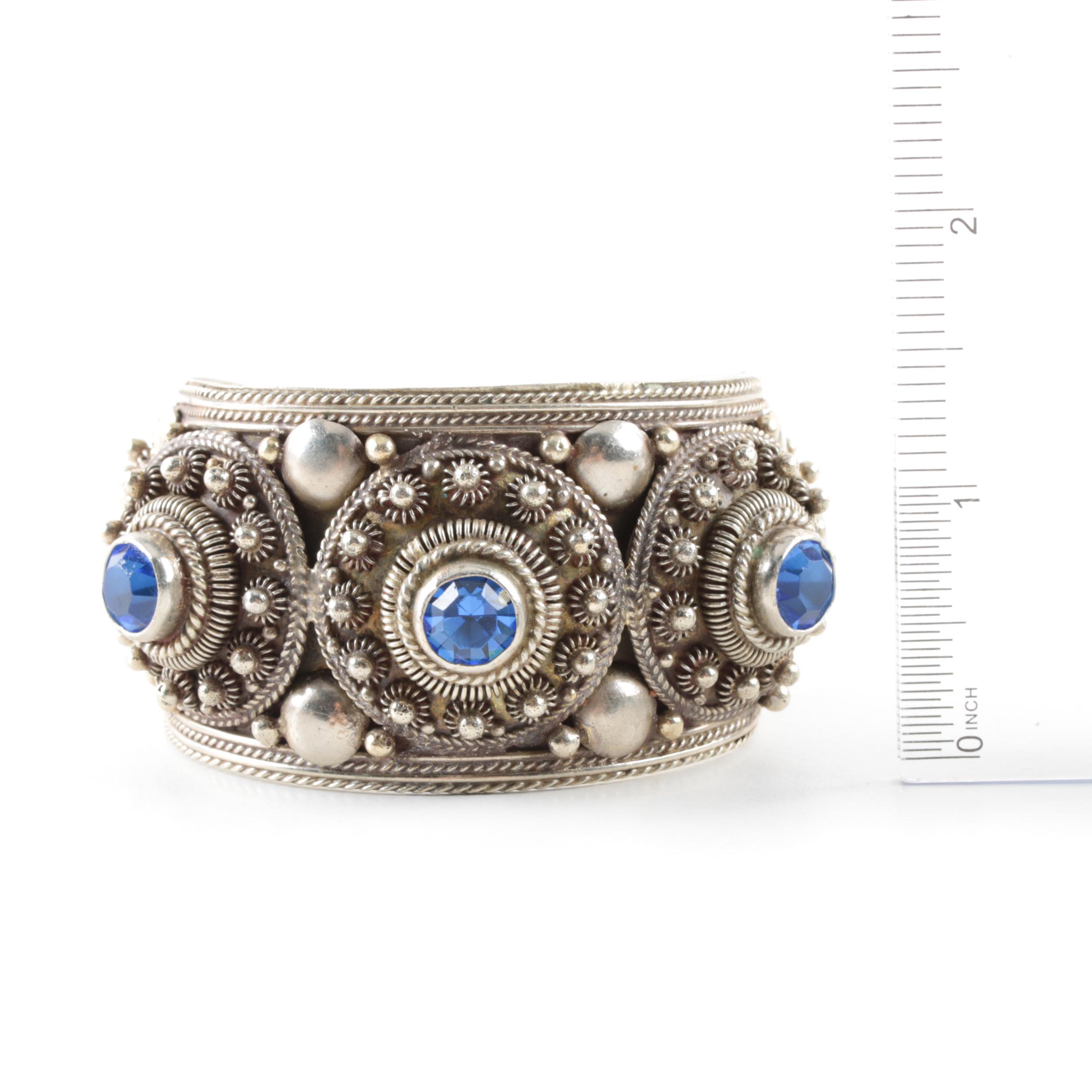 Thai Sterling Silver Blue Glass Cuff Bracelet