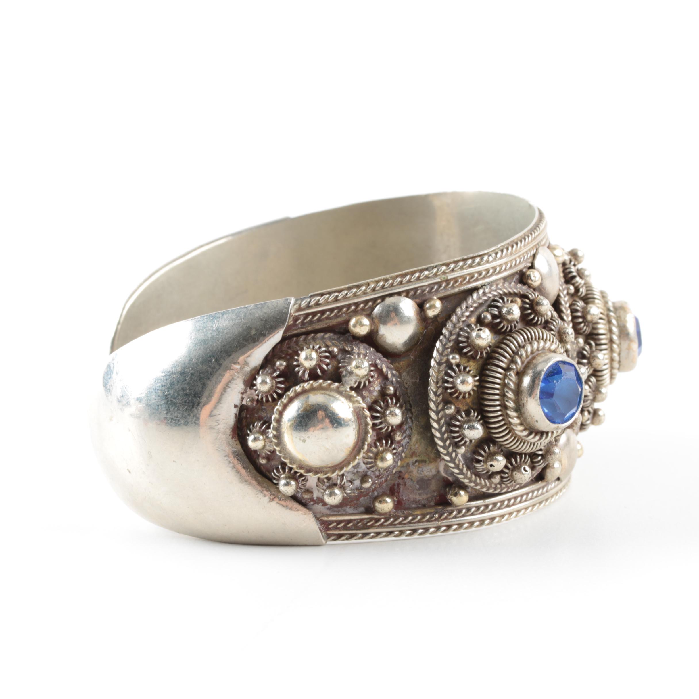 Thai Sterling Silver Blue Glass Cuff Bracelet