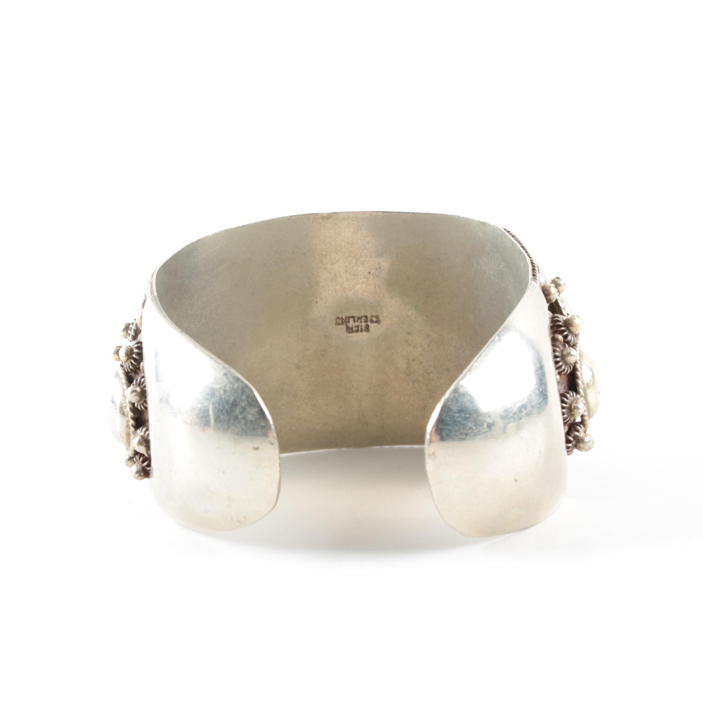 Thai Sterling Silver Blue Glass Cuff Bracelet