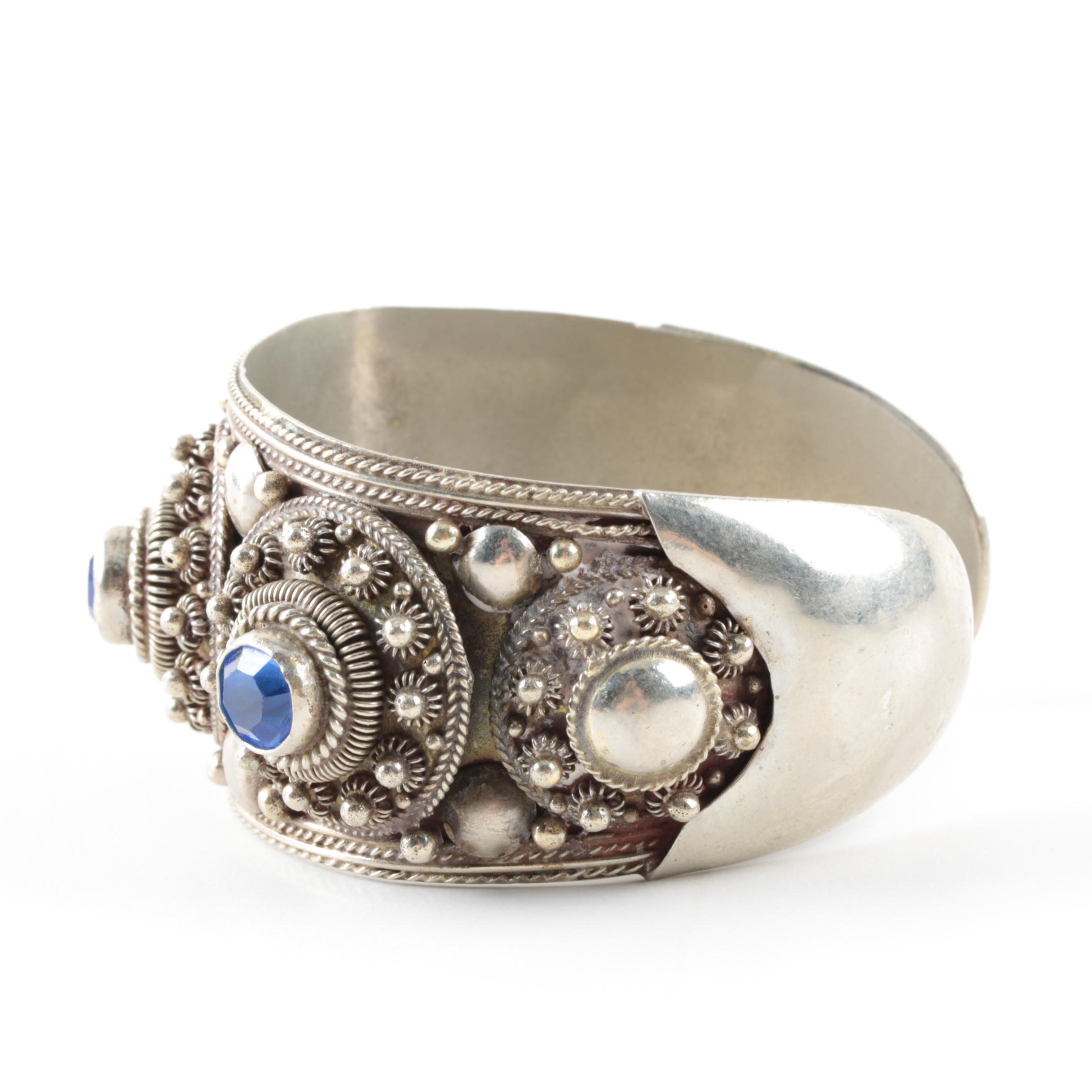 Thai Sterling Silver Blue Glass Cuff Bracelet