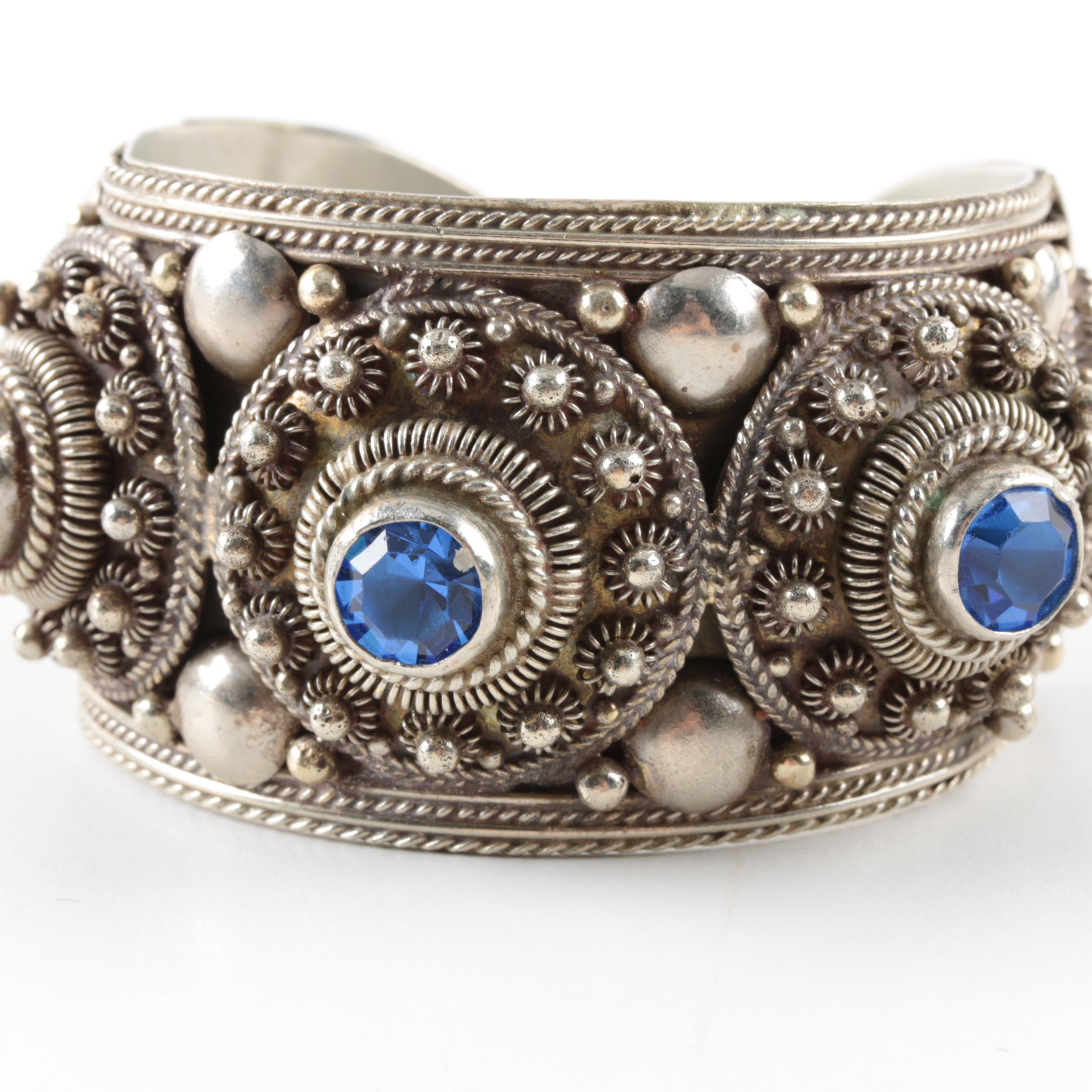 Thai Sterling Silver Blue Glass Cuff Bracelet
