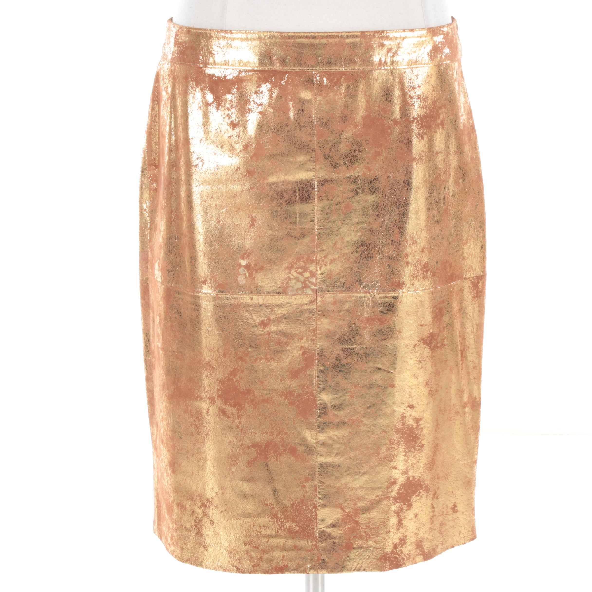 Tory Burch Golden Metallic Leather Pencil Skirt