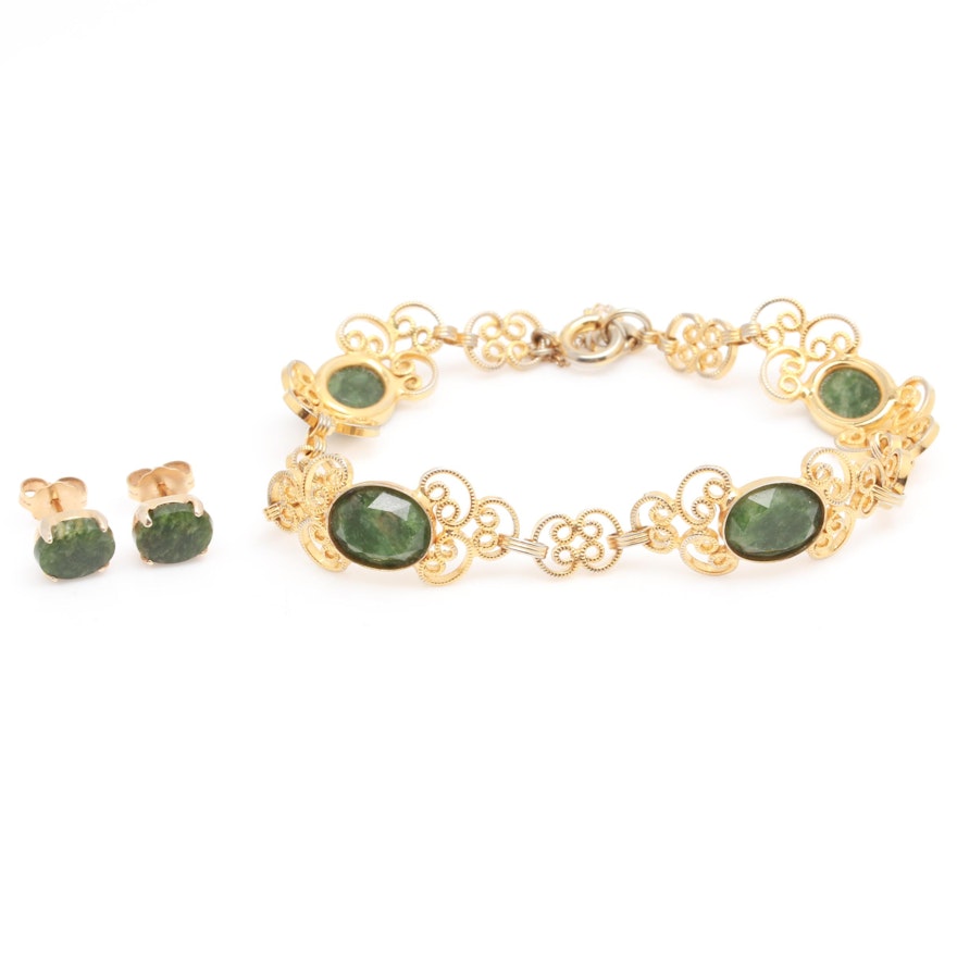 14K Yellow Gold Serpentine Earrings and Gold Filled Bracelet