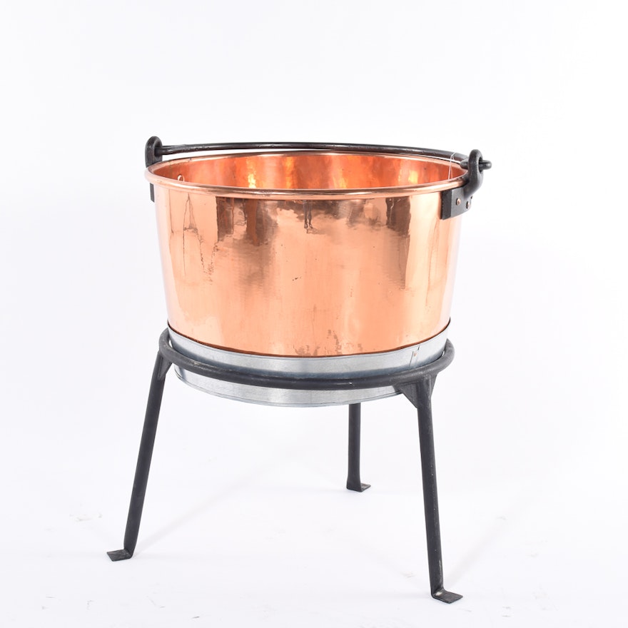 Copper Cauldron with Three Legged Wrought Iron Stand