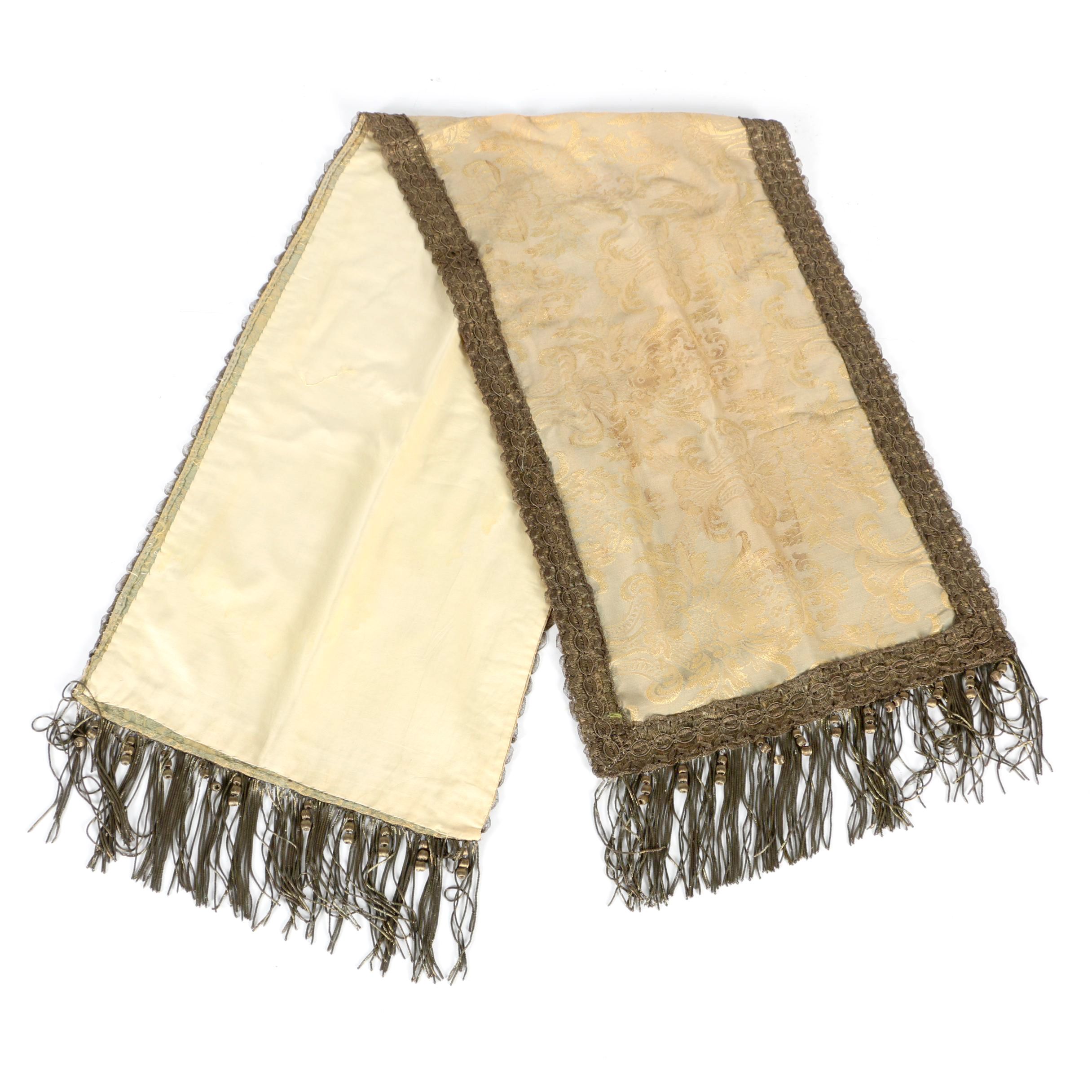 Metallic Damask Table Runner With Trim and Fringe