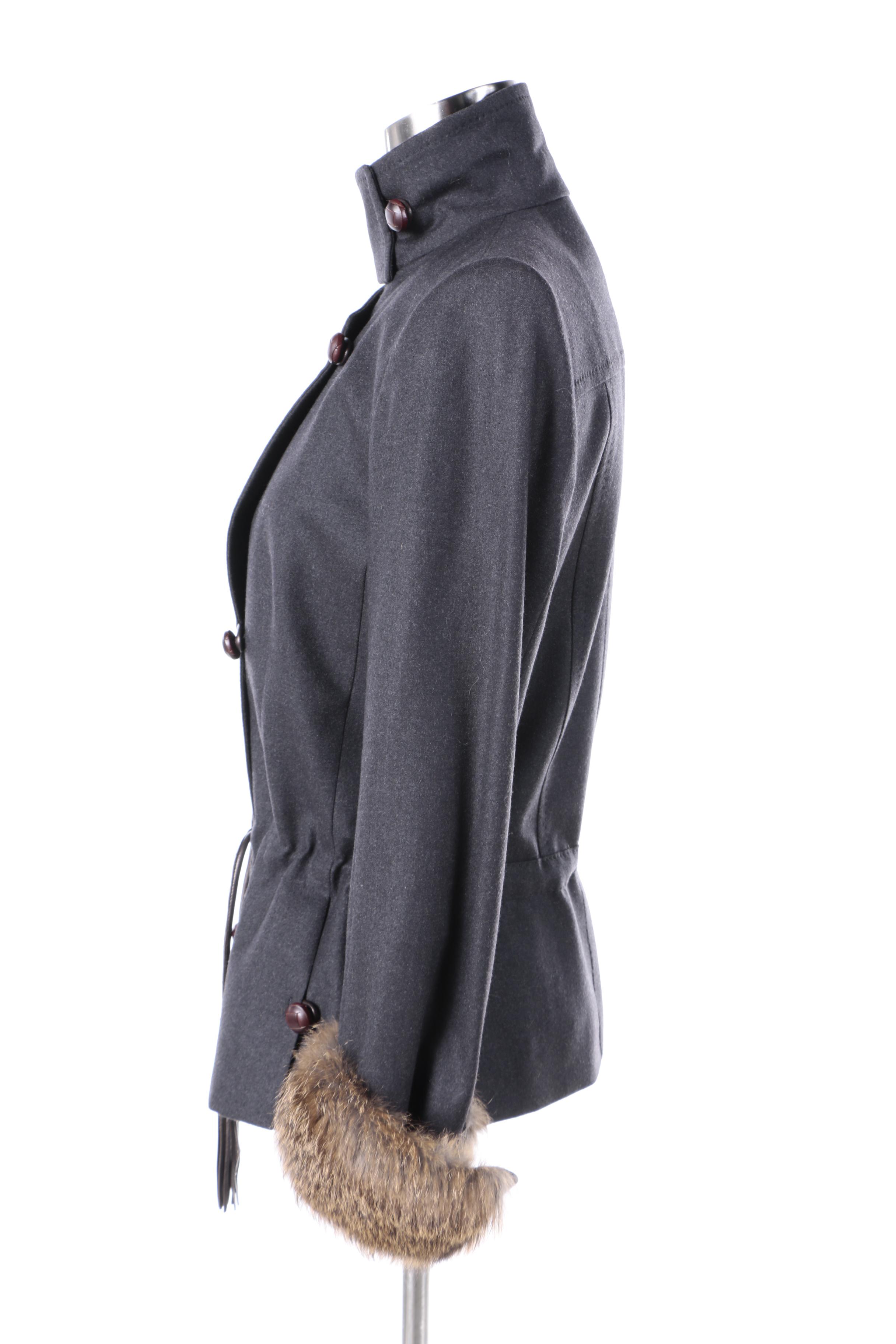 Women's Yves Saint Laurent Wool Blend Jacket with Rabbit Fur Cuffs