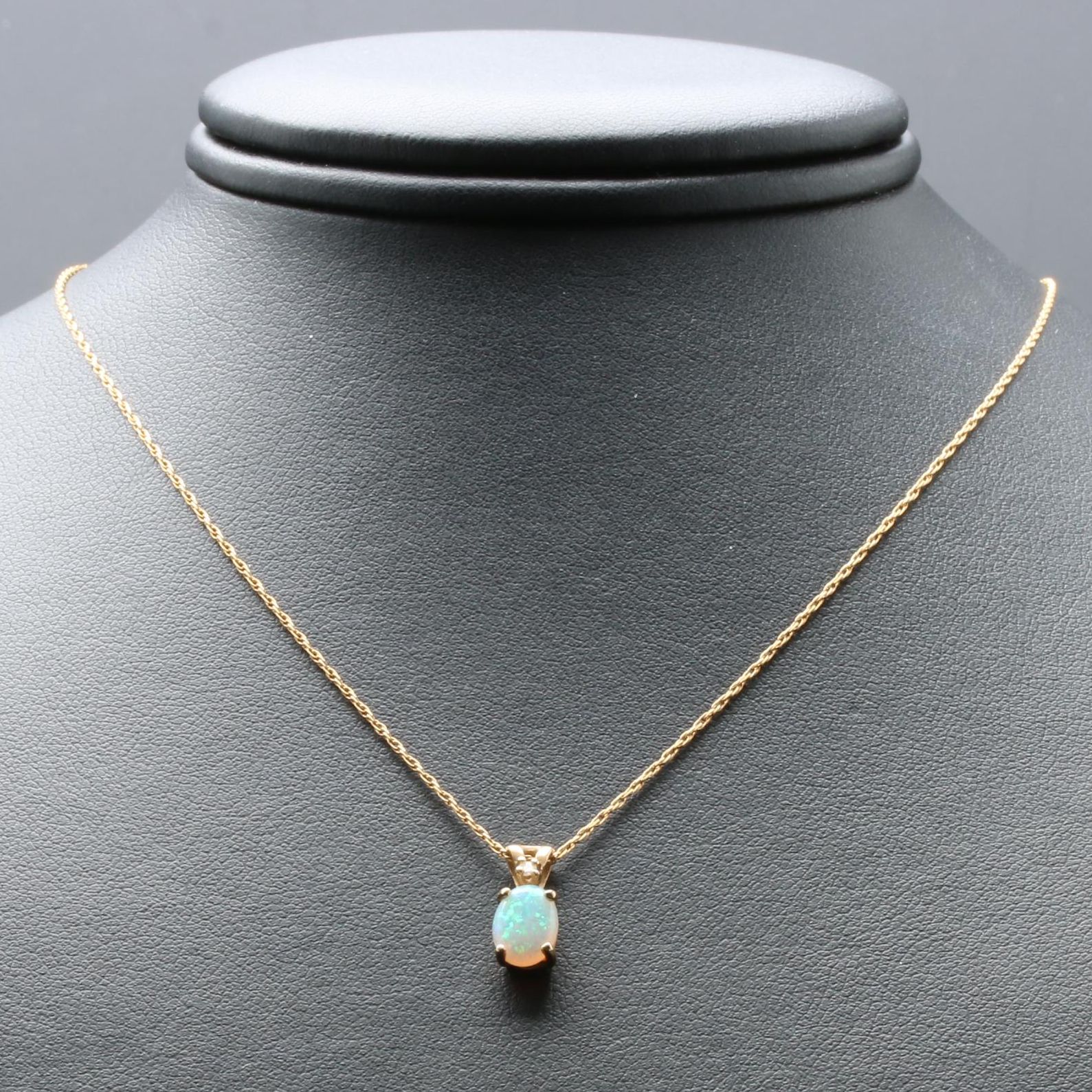 14K Yellow Gold Opal and Diamond Pendant Necklace