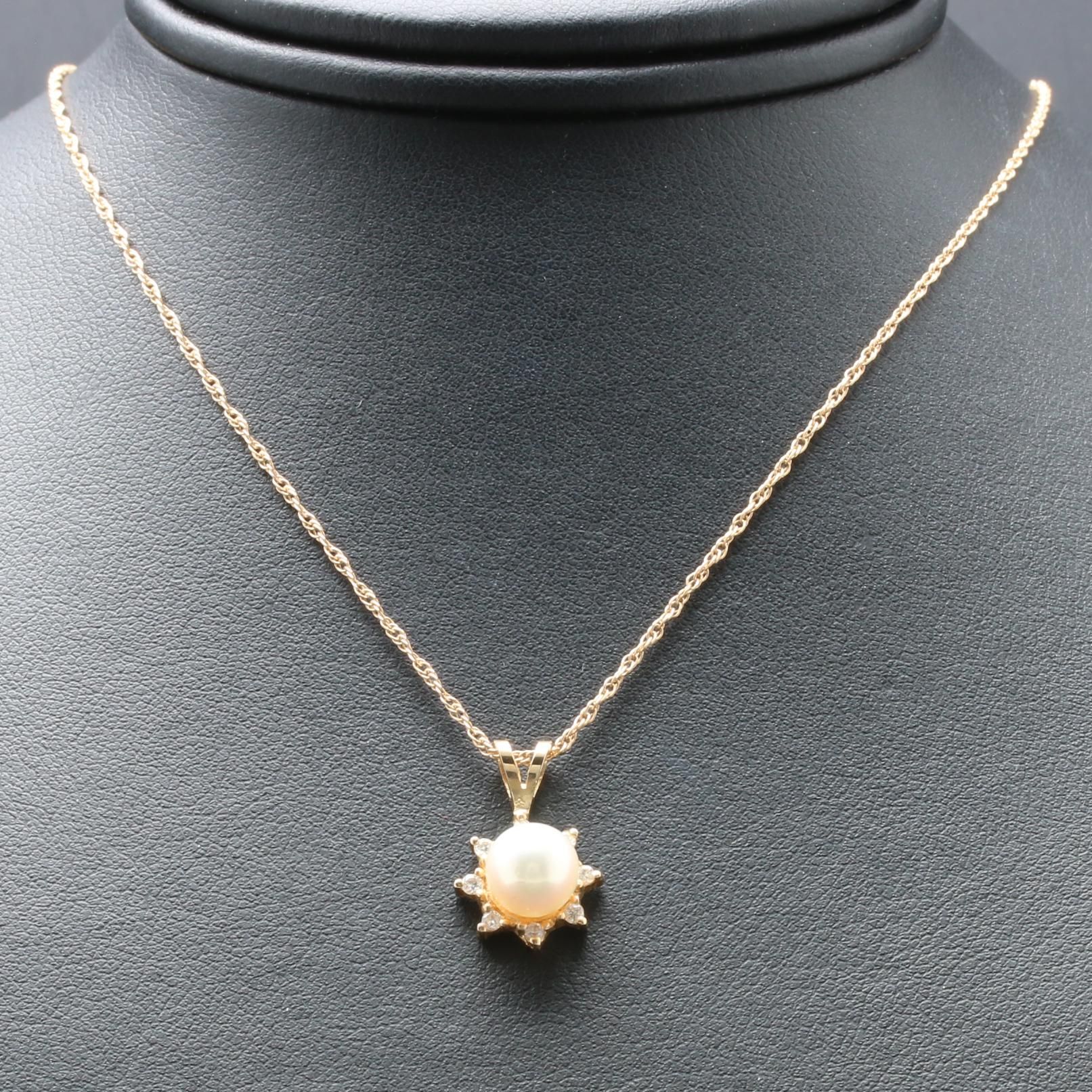14K Yellow Gold Cultured Pearl and Diamond Pendant Necklace