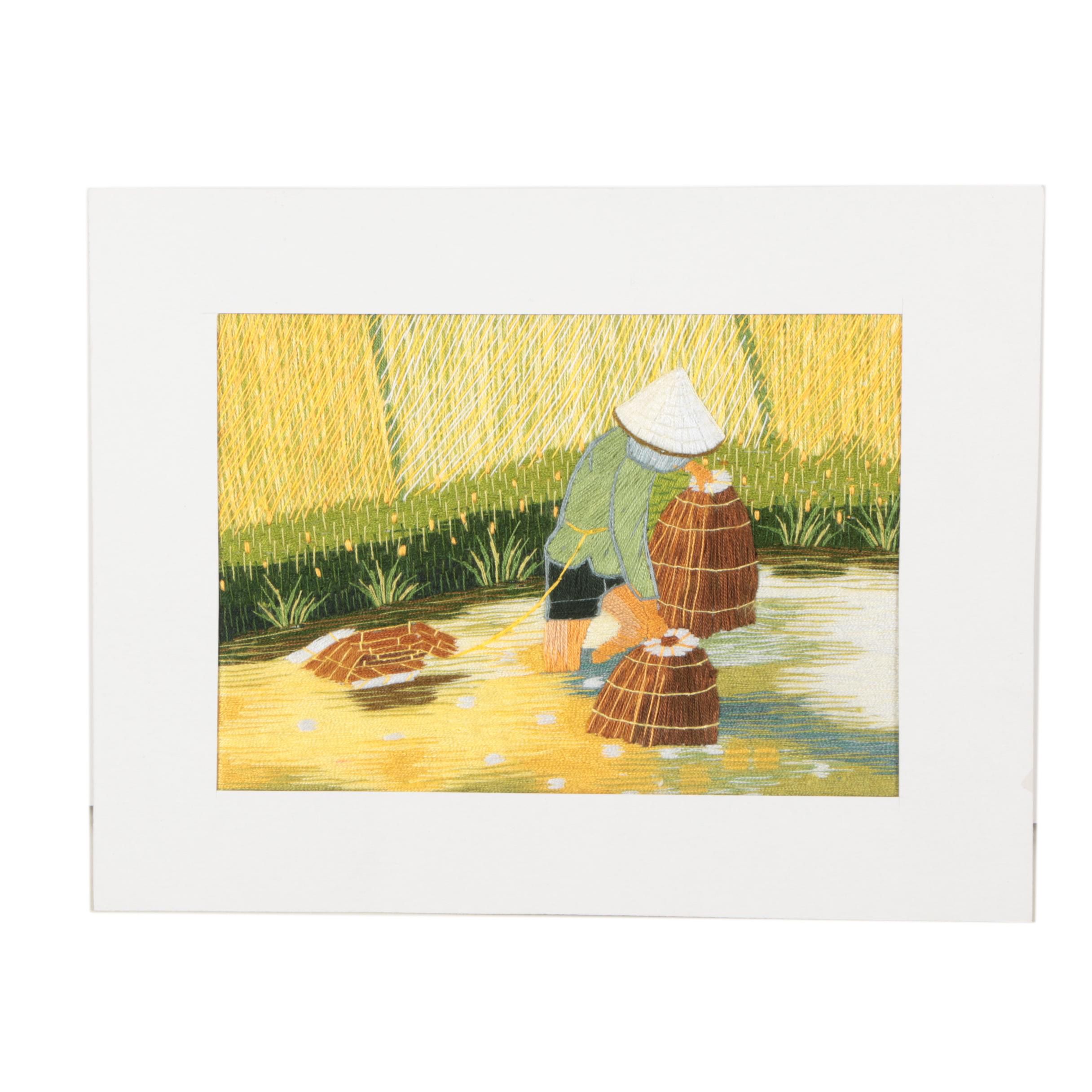 Embroidery of a Rice Paddy Fishing Scene