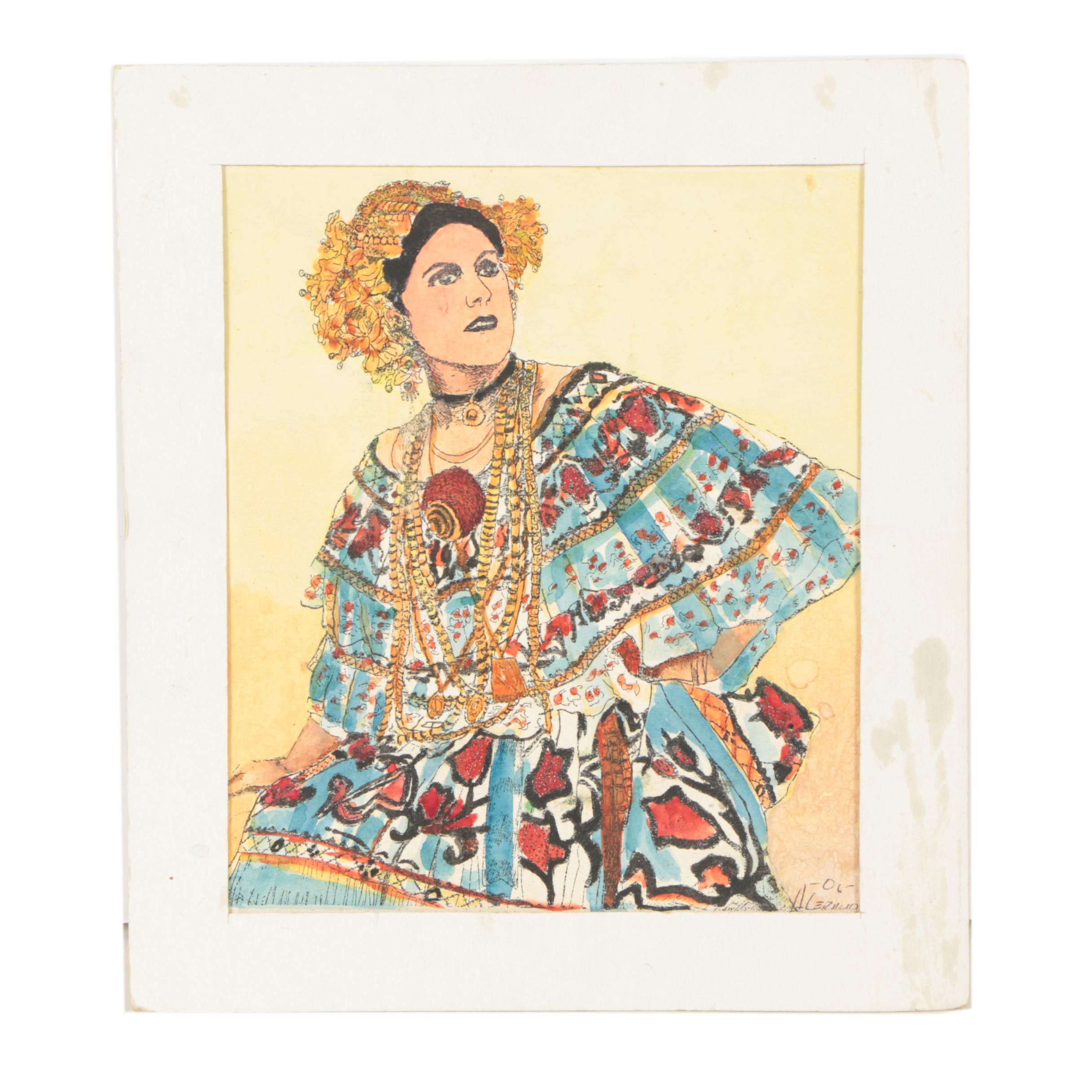 H. Cernuo Ink and Watercolor Painting of a Woman