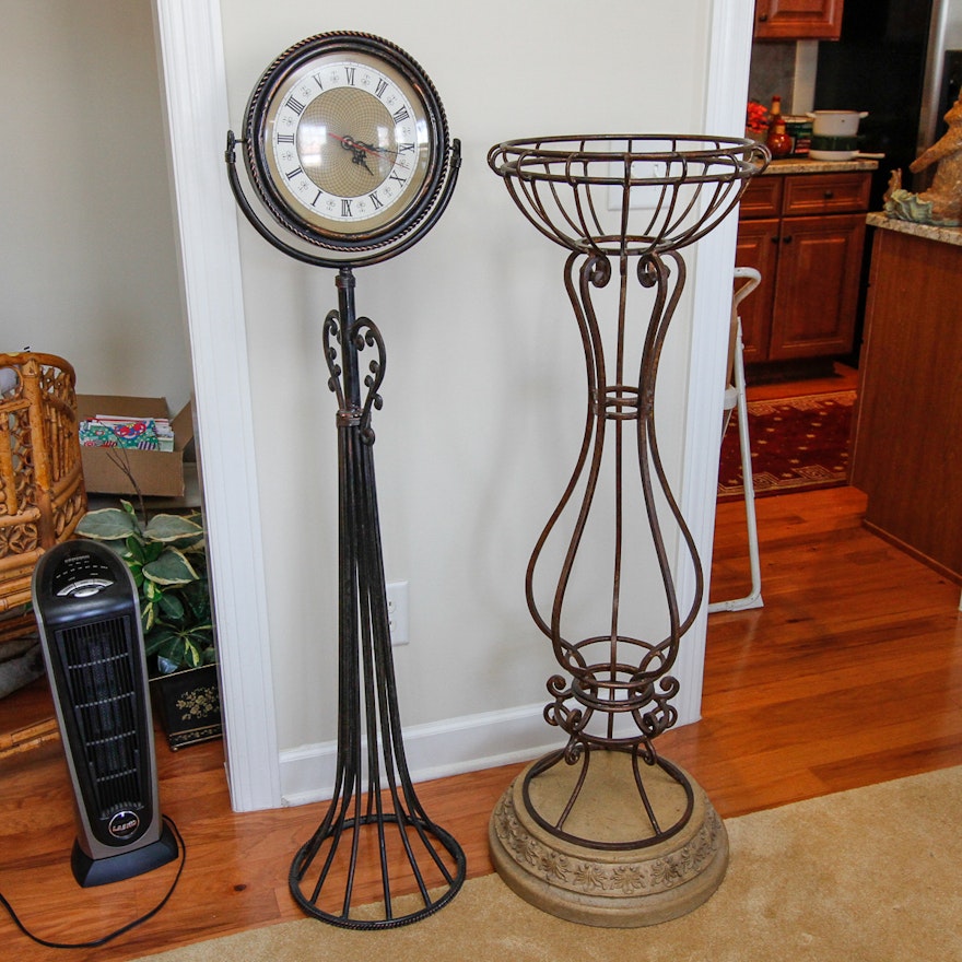 Wrought Metal Plant Stand and Floor Clock