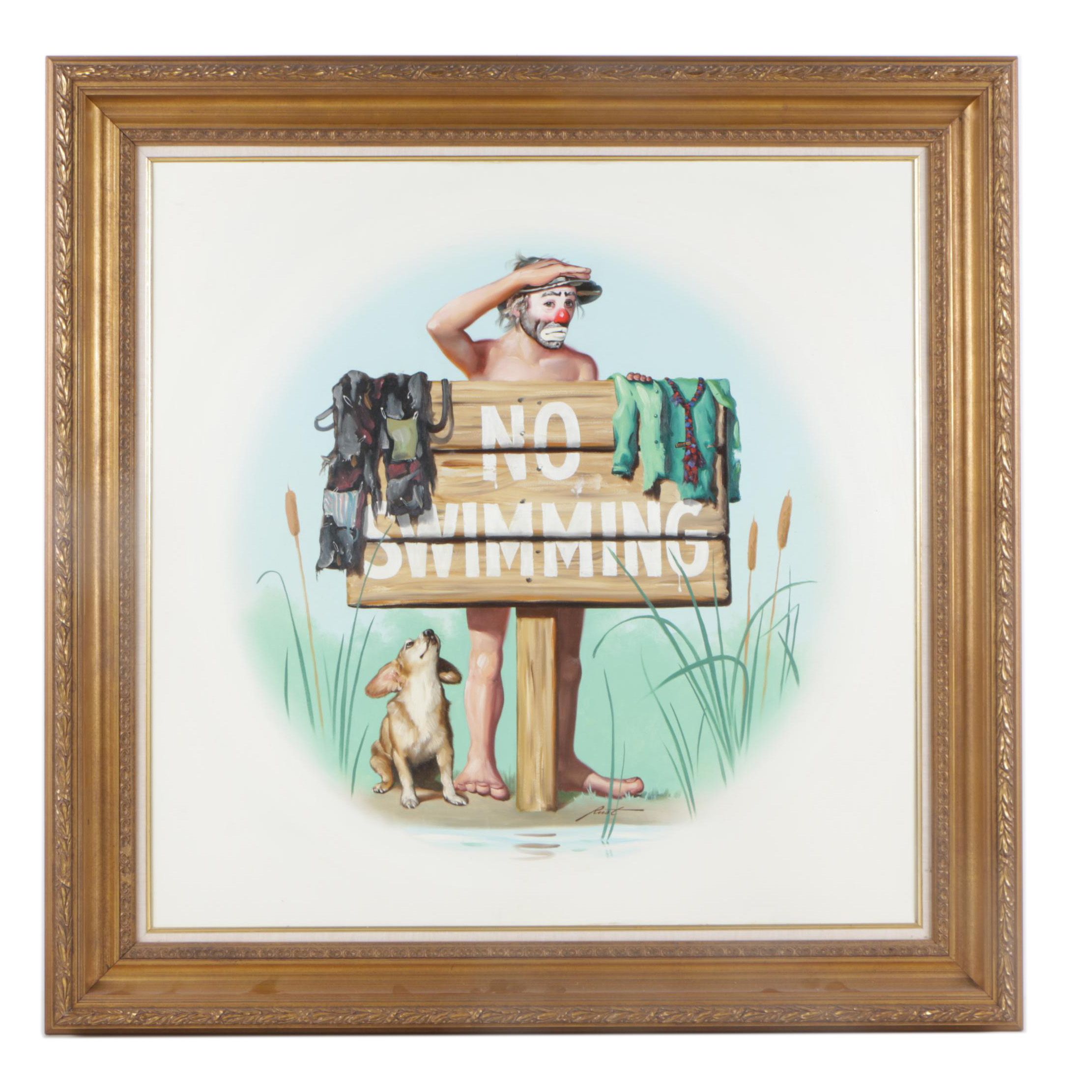 D.L. "Rusty" Rust Oil Painting of Clown "No Swimming"
