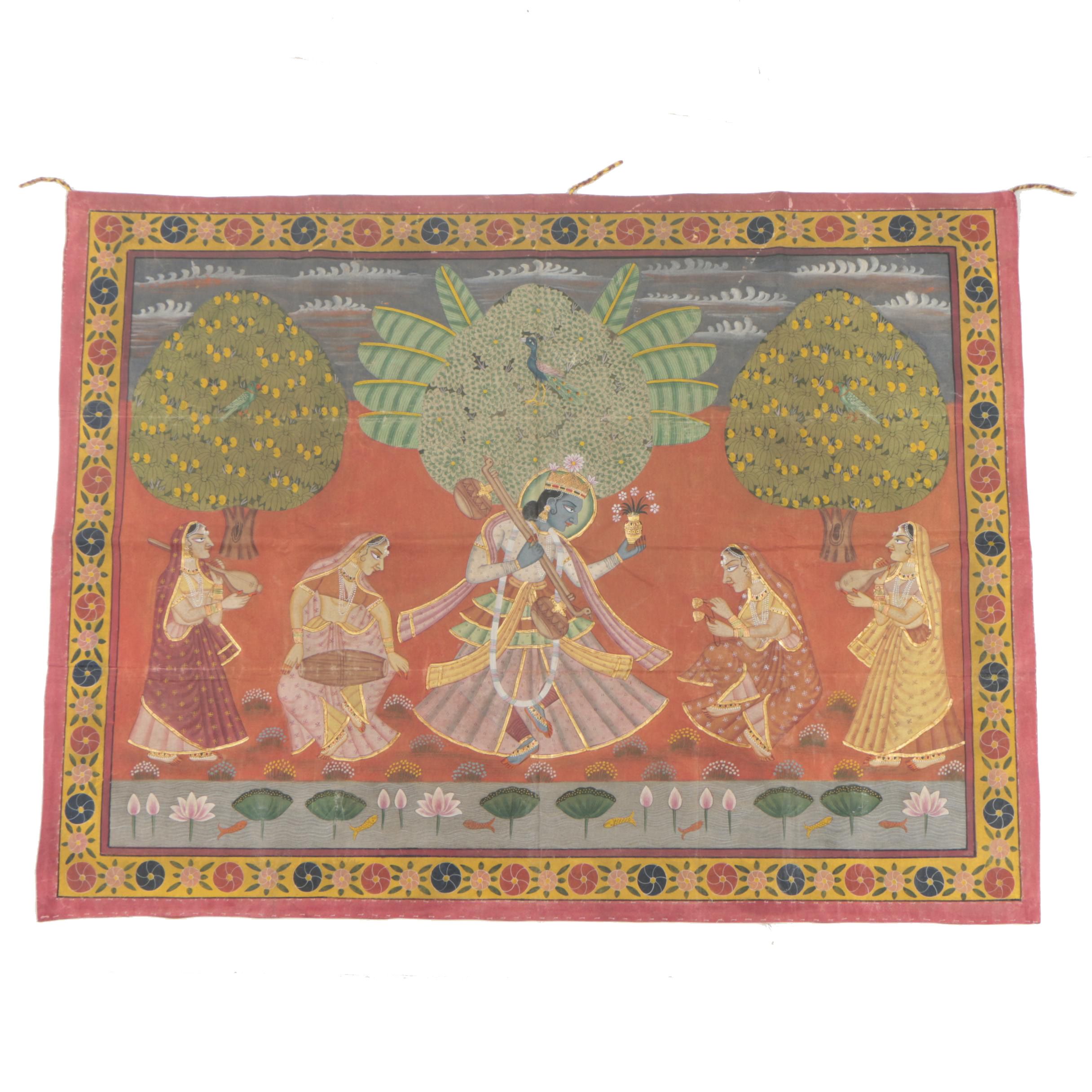 Indian Pichhwai Watercolor of Krishna and Female Musicians