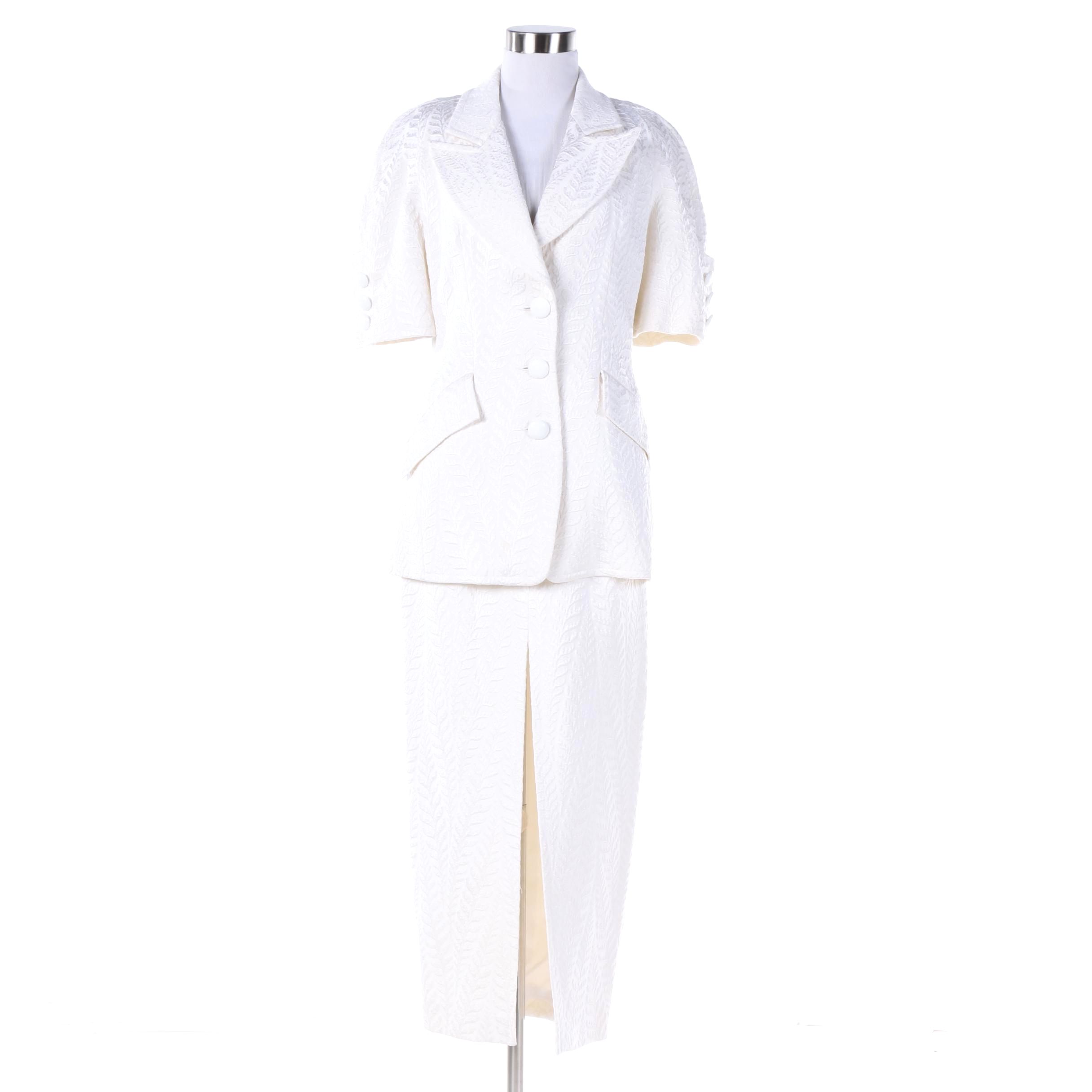 Badgley Mischka White Brocade Skirt Suit