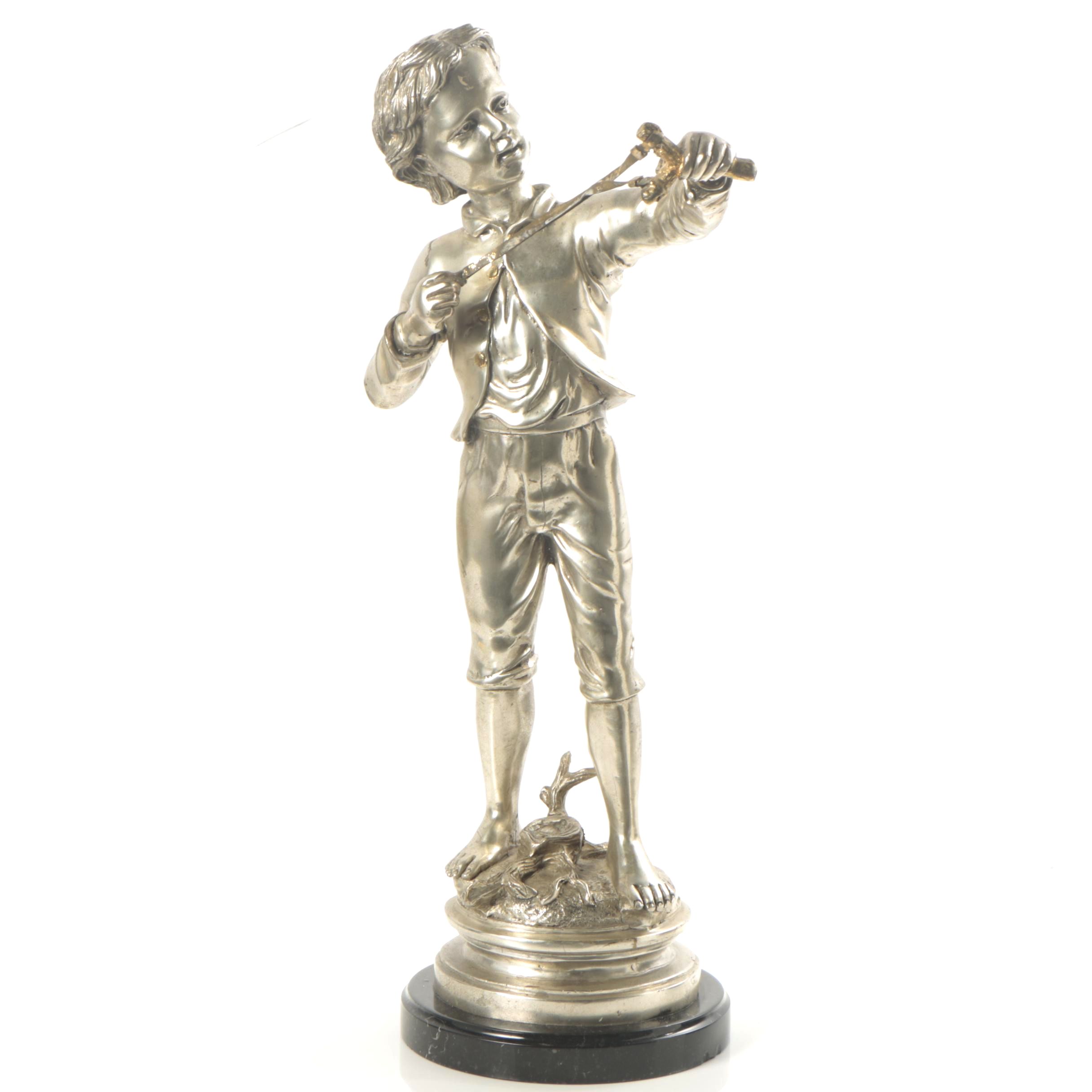 Cast Brass Sculpture of Boy with Slingshot