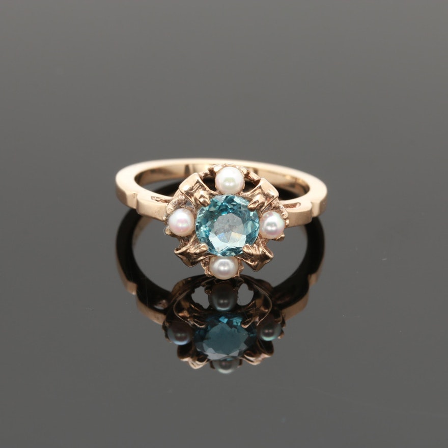 10K Yellow Gold Aquamarine and Cultured Pearl Ring