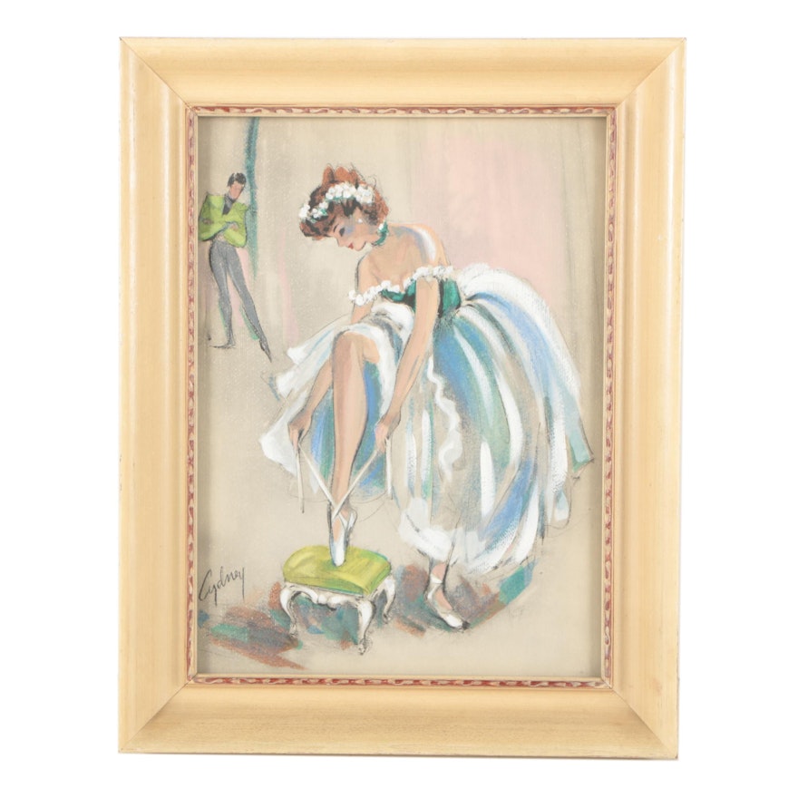 Cydney Grossman Mid Century Gouache Painting of a Ballerina Tying Her Shoe