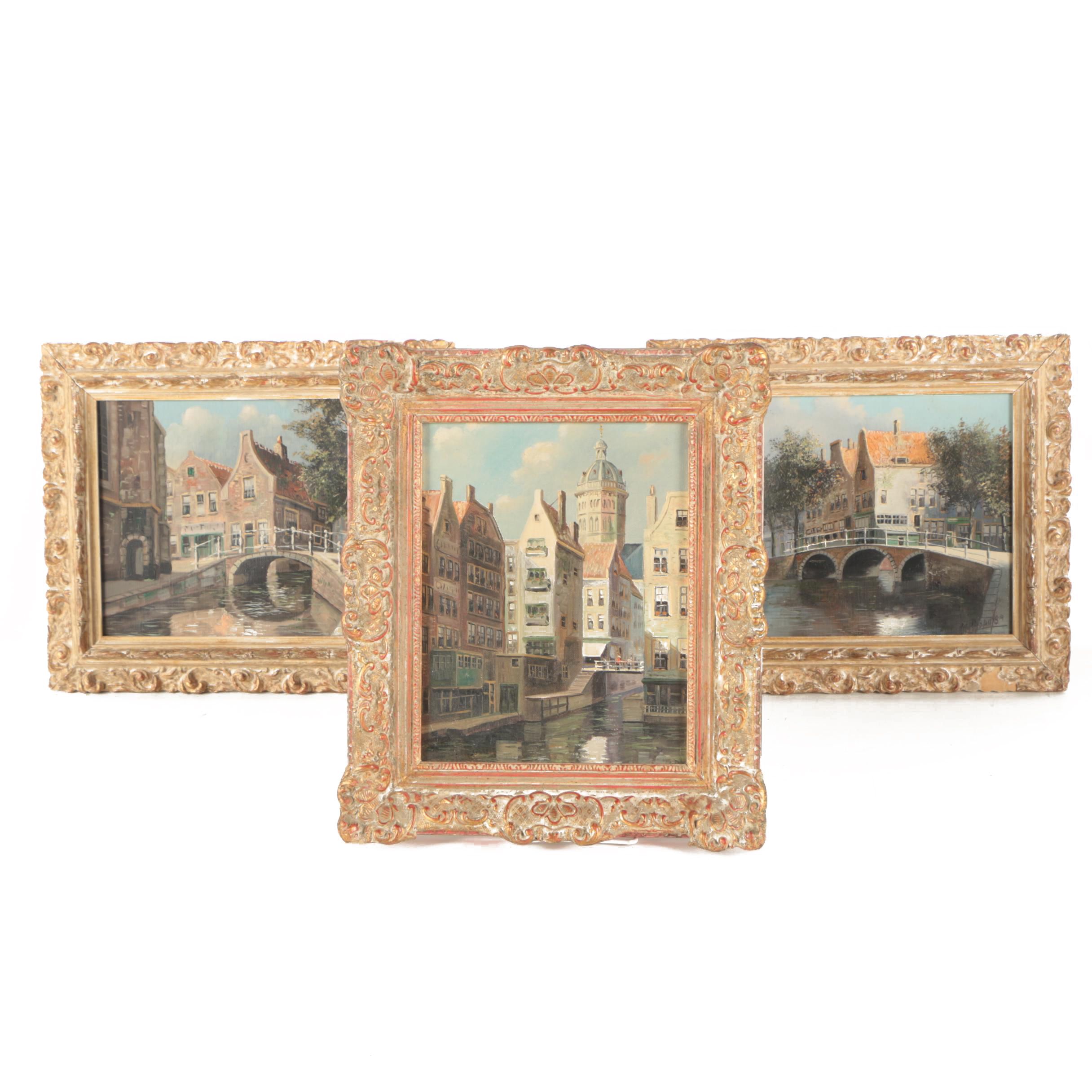 Jacobus Lambertus Dispo, Sr. Mid Century Oil Paintings of Amsterdam Canal Scenes