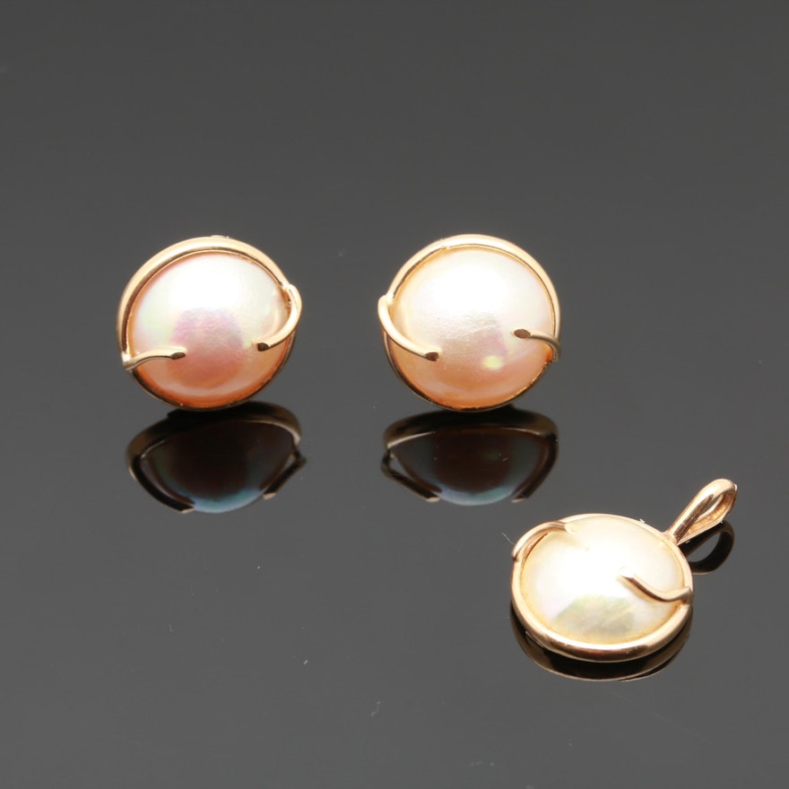 14K Yellow Gold Cultured Mabe Pearl Earrings and Pendant