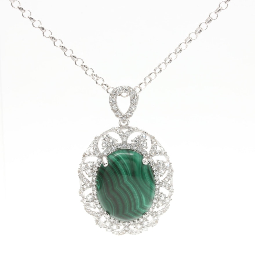 Sterling Silver Malachite and Synthetic White Sapphire Necklace