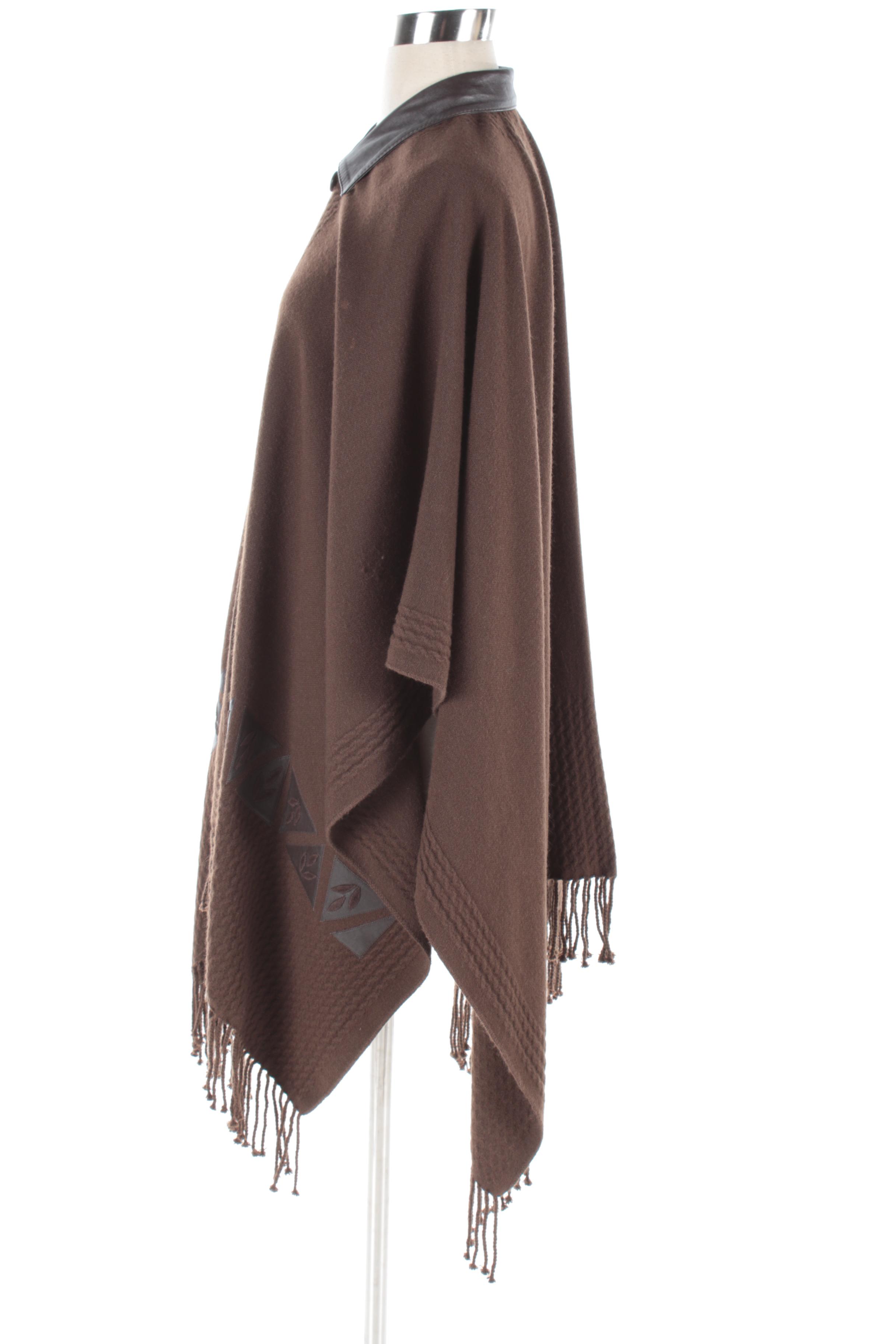 Women's Del Tipico Brown Wool and Leather Poncho