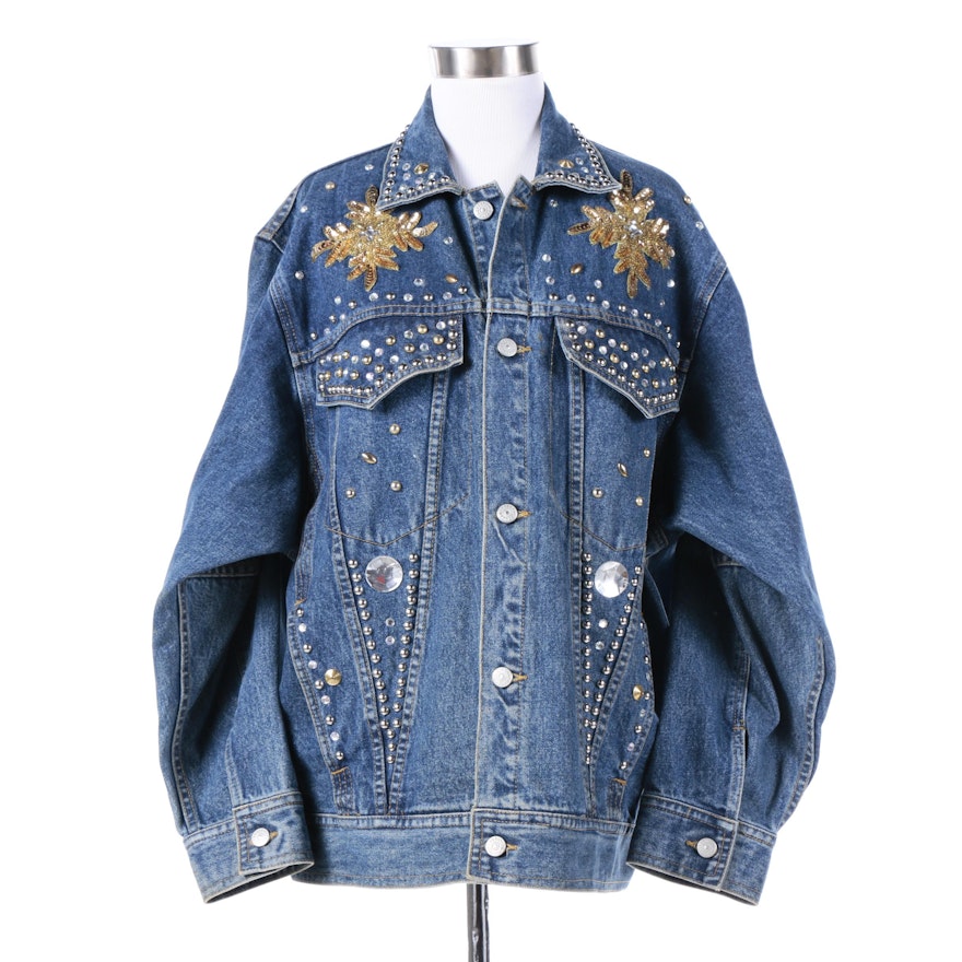 Freego Studded Denim Jean Jacket with Sequin Appliques