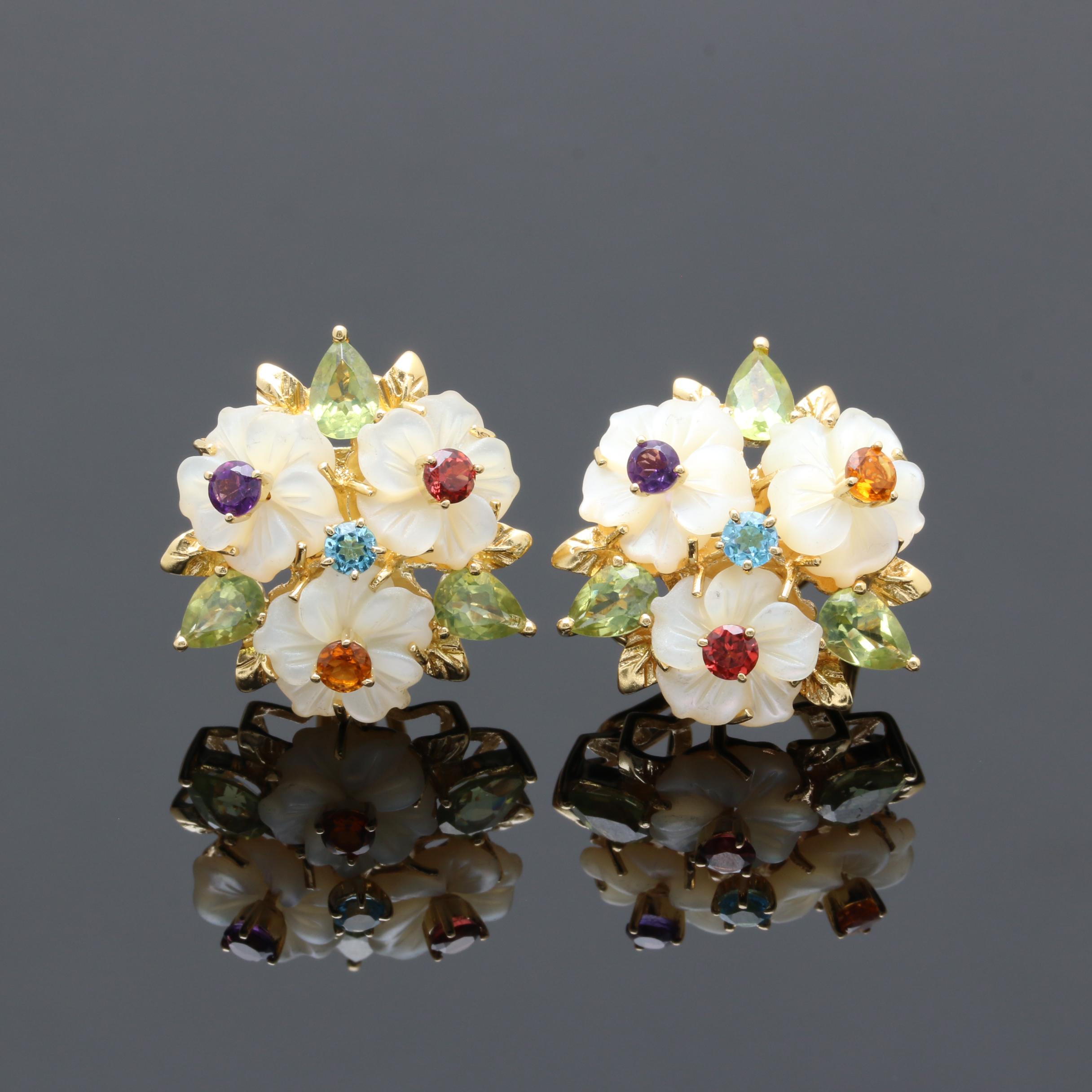 18K Yellow Gold Gemstone Floral Earrings
