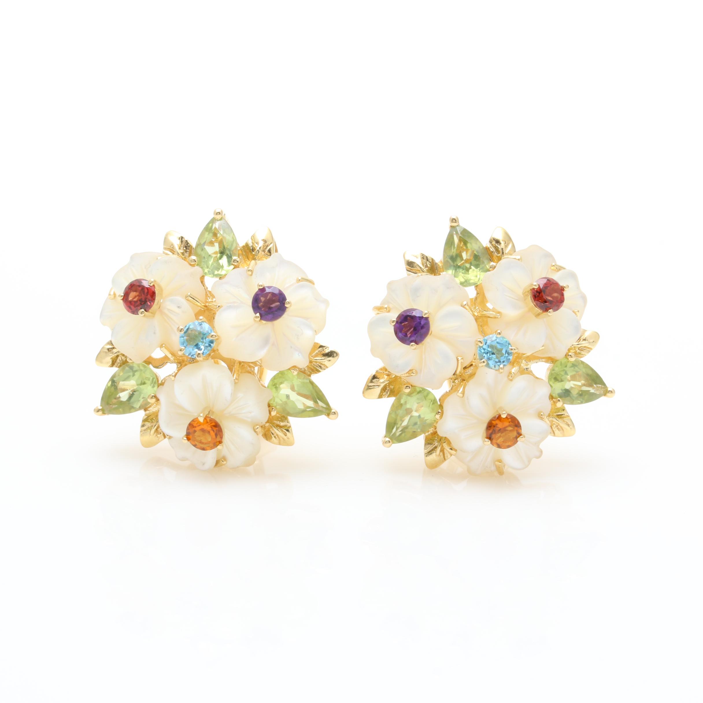 18K Yellow Gold Gemstone Floral Earrings