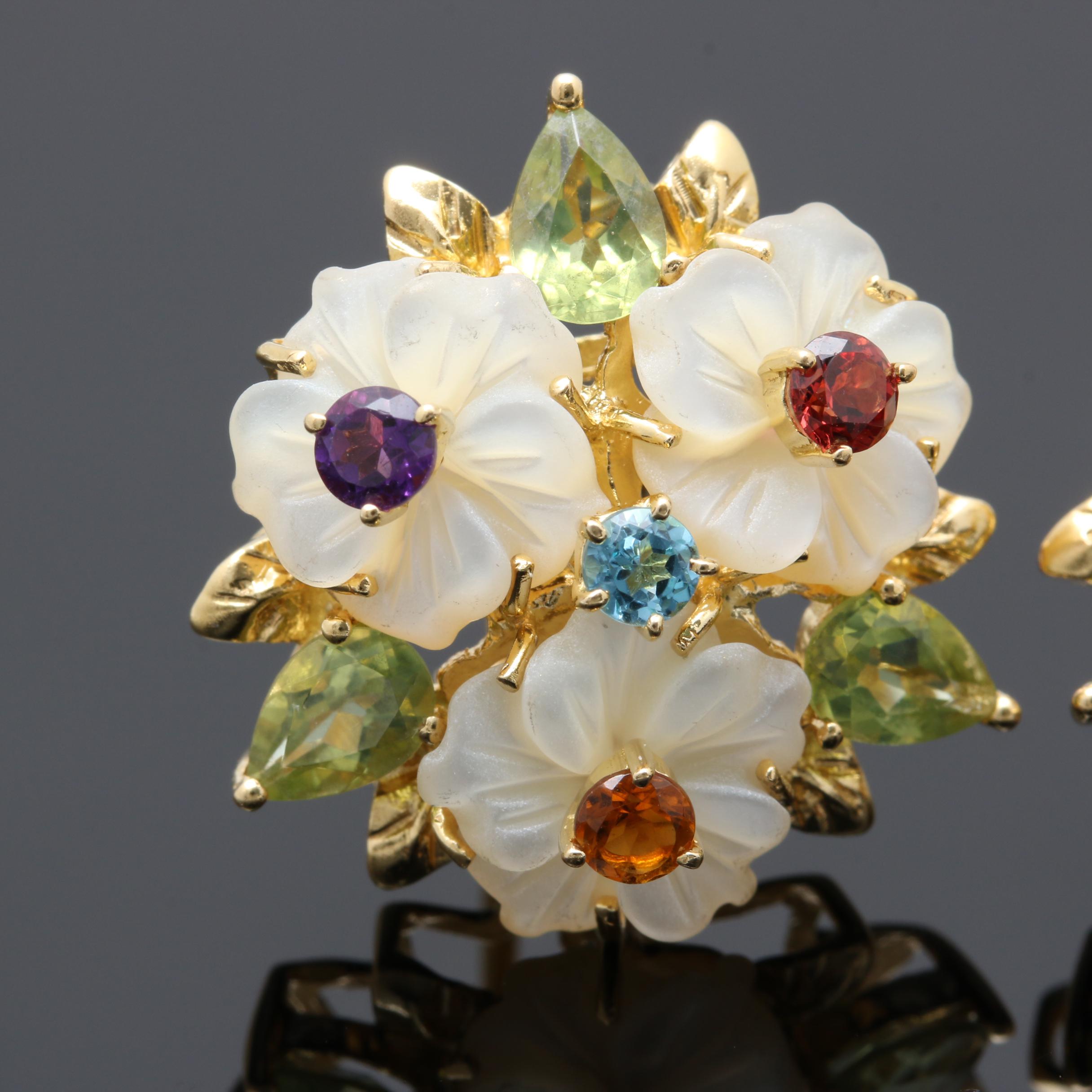 18K Yellow Gold Gemstone Floral Earrings