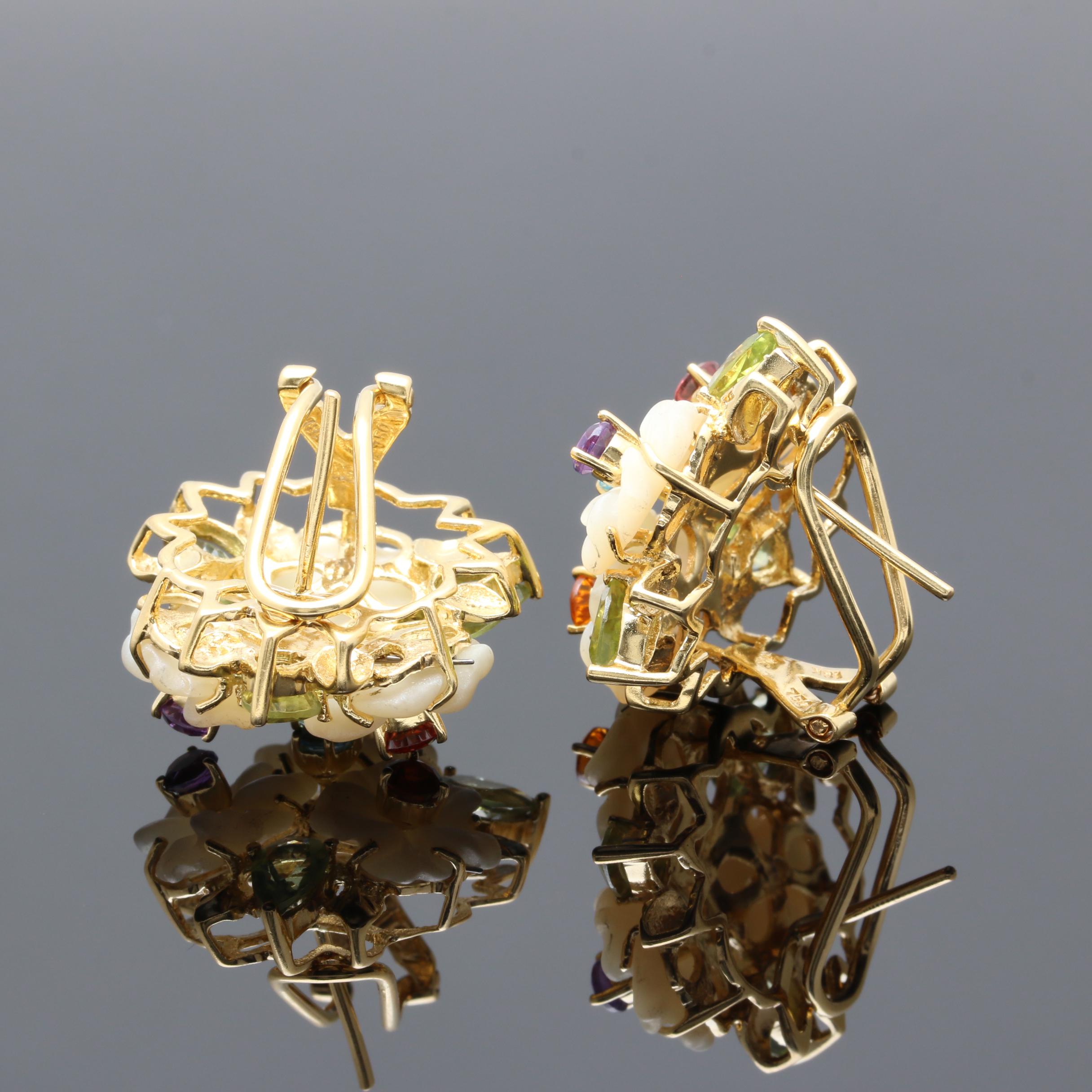 18K Yellow Gold Gemstone Floral Earrings