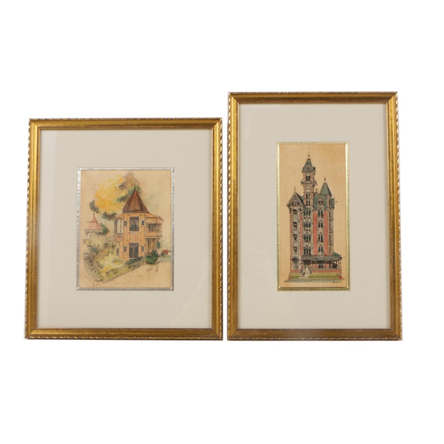 1980s Embellished Lithographs After Holloway of Victorian Style Homes