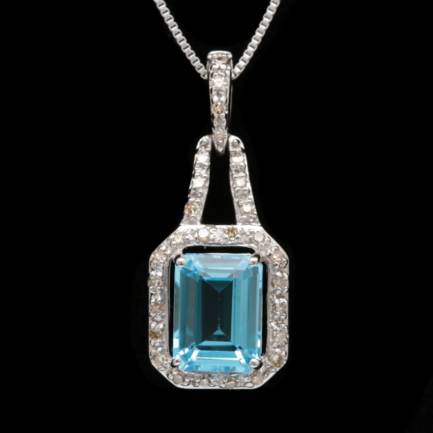 Sterling Silver, Blue Topaz and Diamond Pendant with Chain