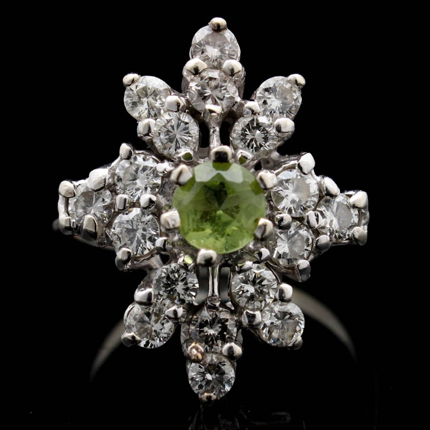 14K White Gold Peridot and 1.15 CTW Diamond Ring