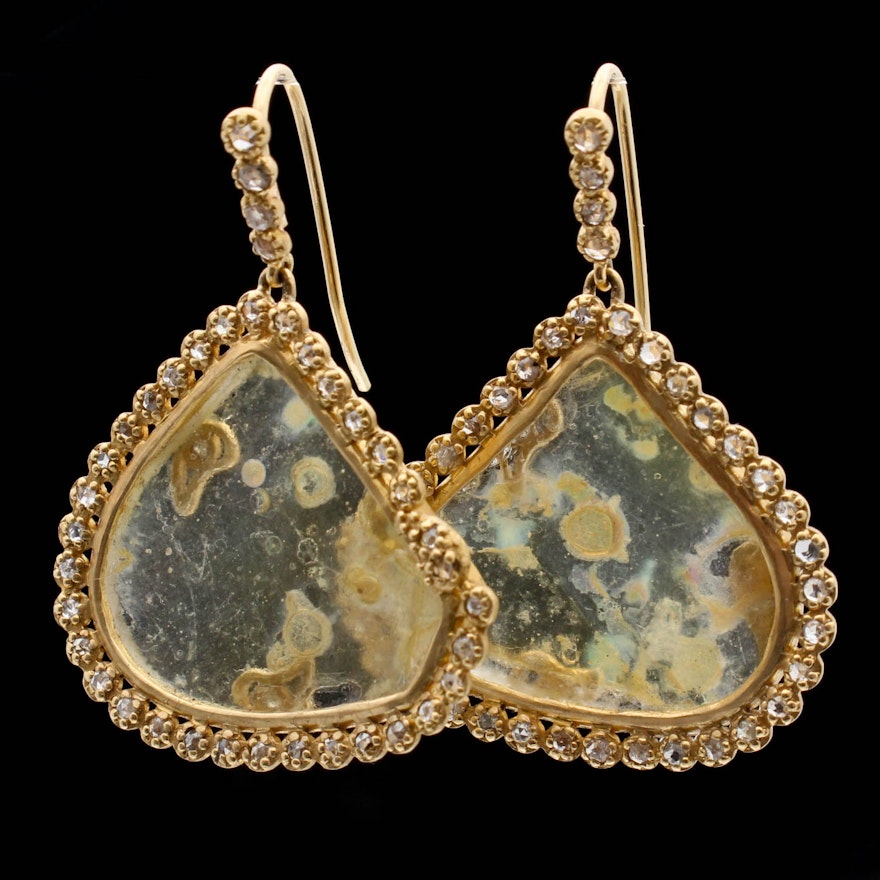 14K Yellow Gold Diamond Dichroic Glass Earrings