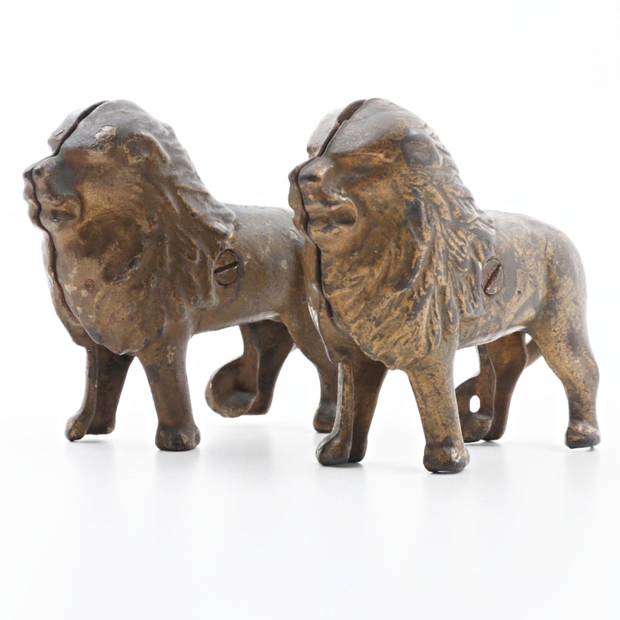 Two Antique Cast Iron Lion Banks