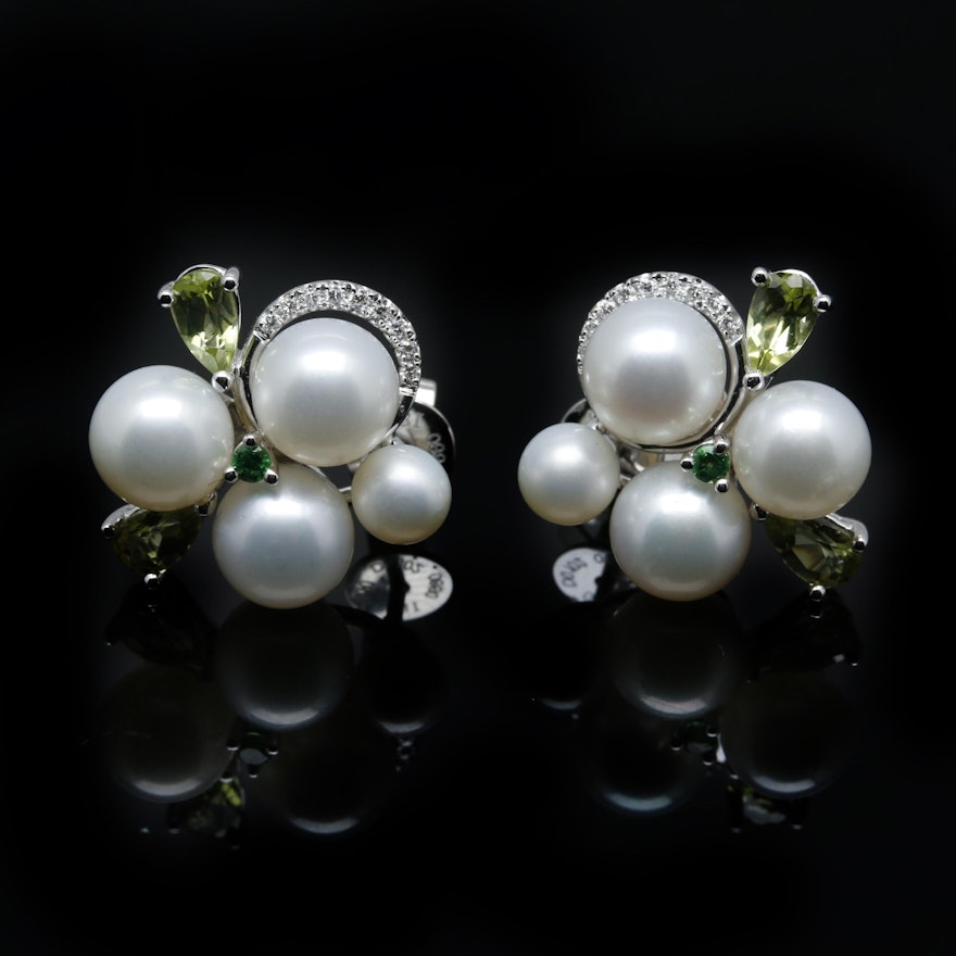 18K White Gold Diamond and Gemstone Cluster Earrings
