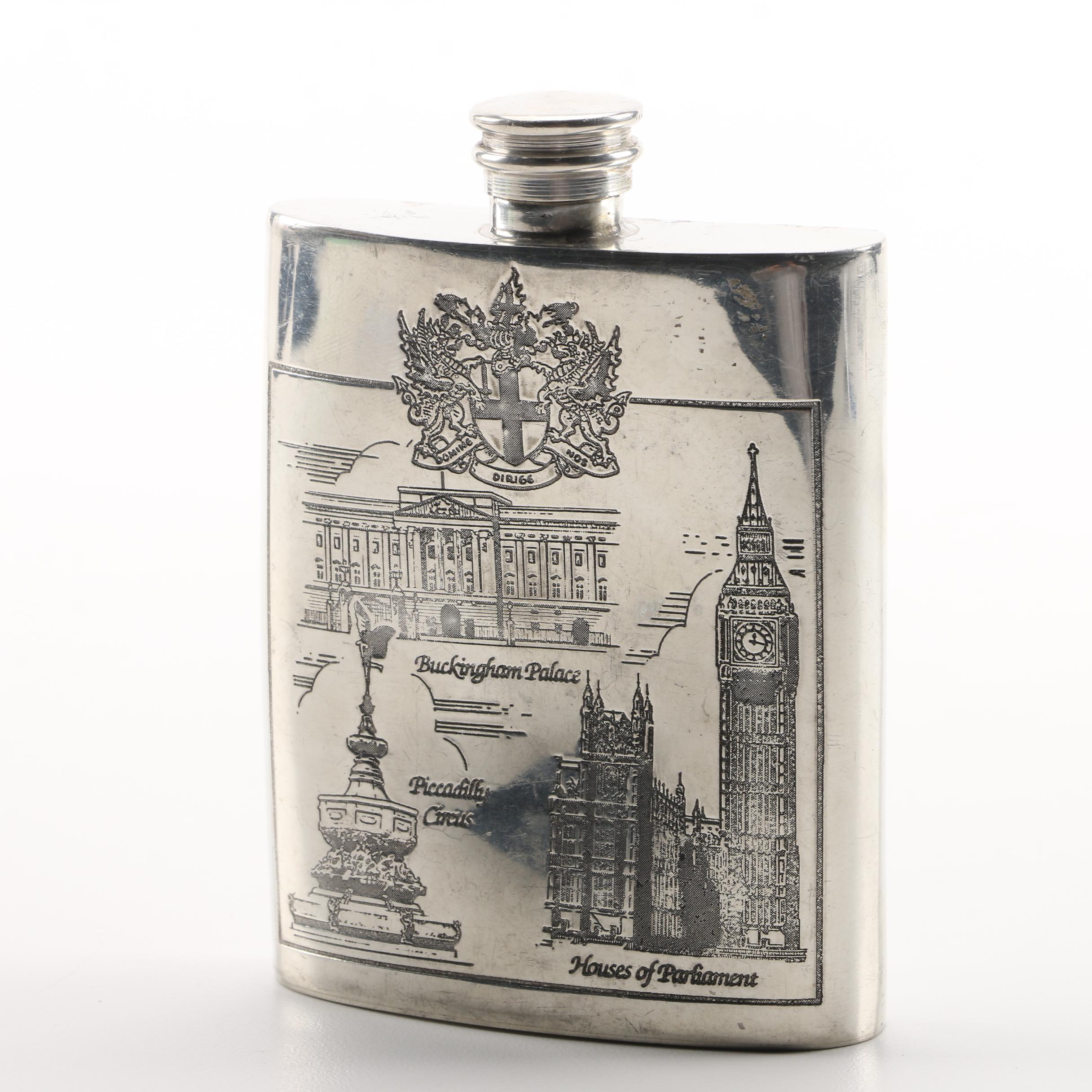 Sheffield Pewter Flask with London Landmarks