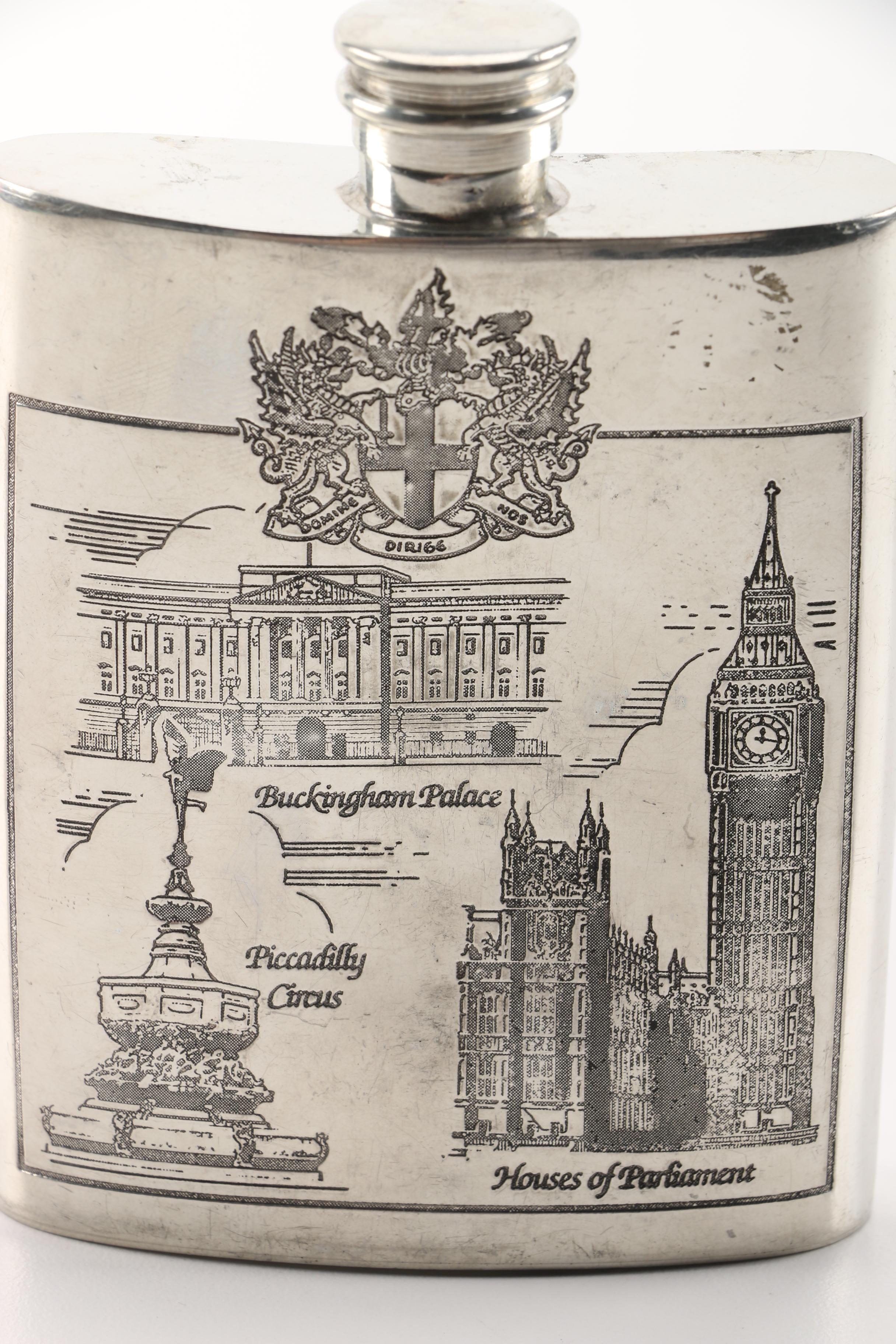 Sheffield Pewter Flask with London Landmarks