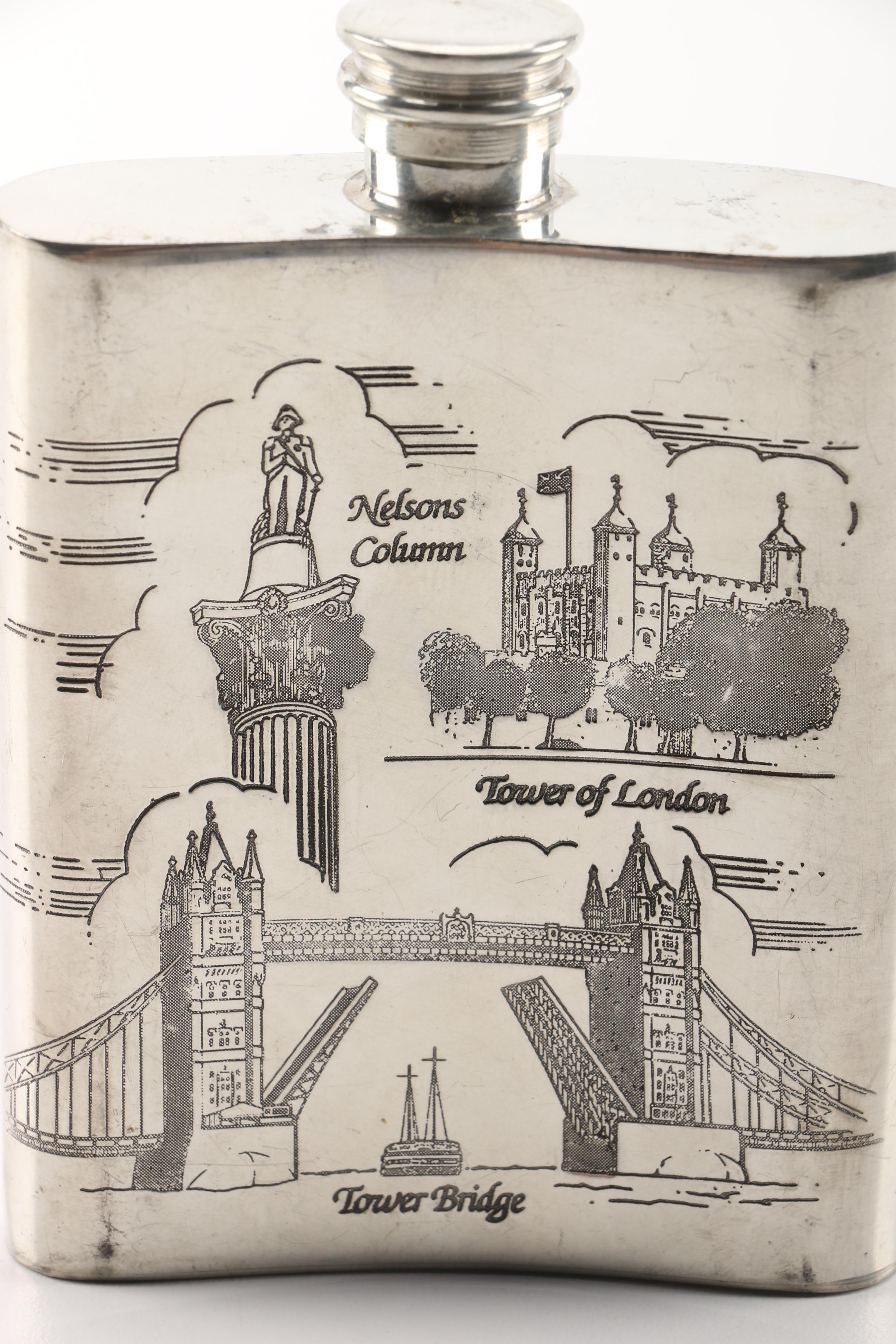 Sheffield Pewter Flask with London Landmarks