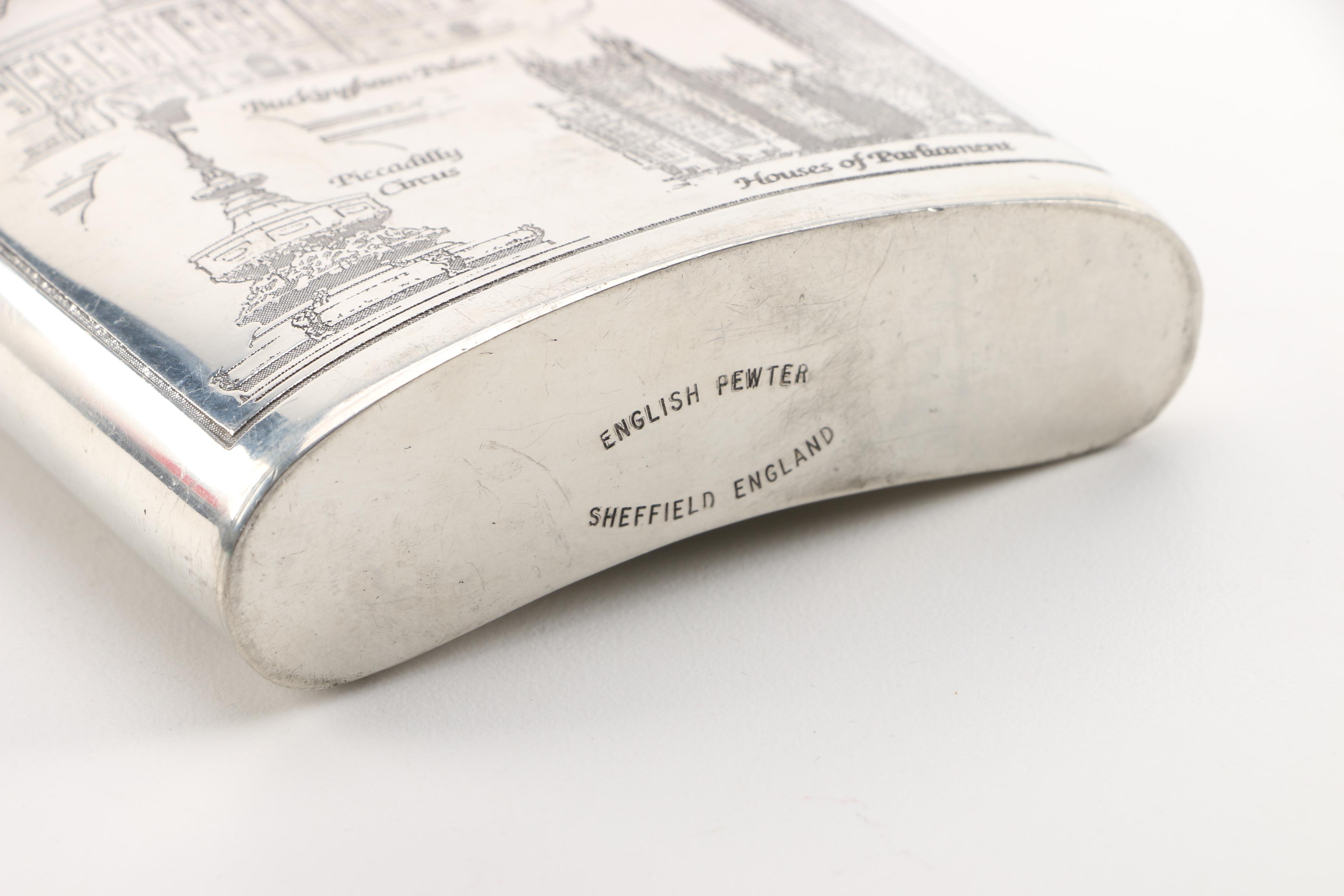 Sheffield Pewter Flask with London Landmarks