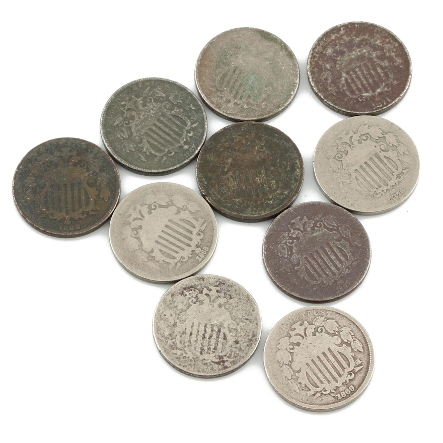 Group of Ten Shield Nickels from 1867 to 1882