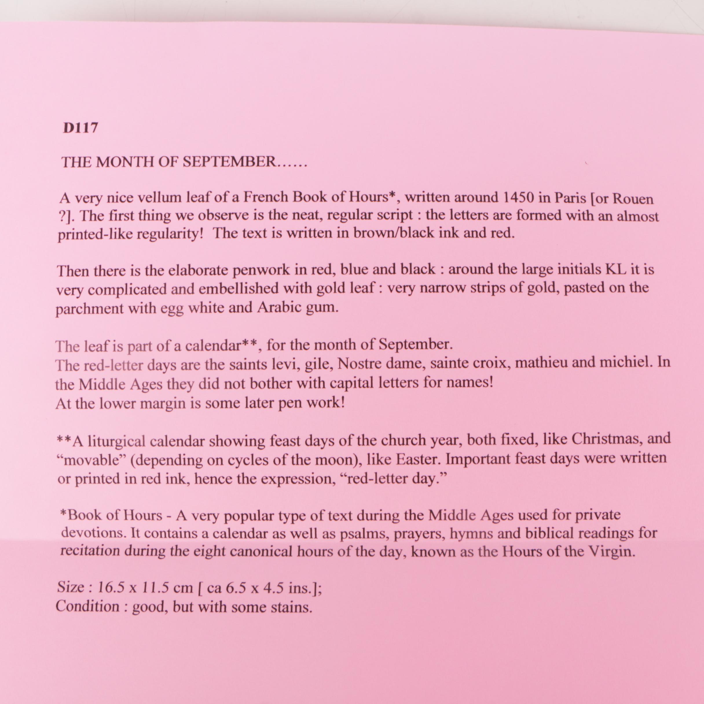 Circa 15th Century Calendar Pages from Illuminated Manuscripts