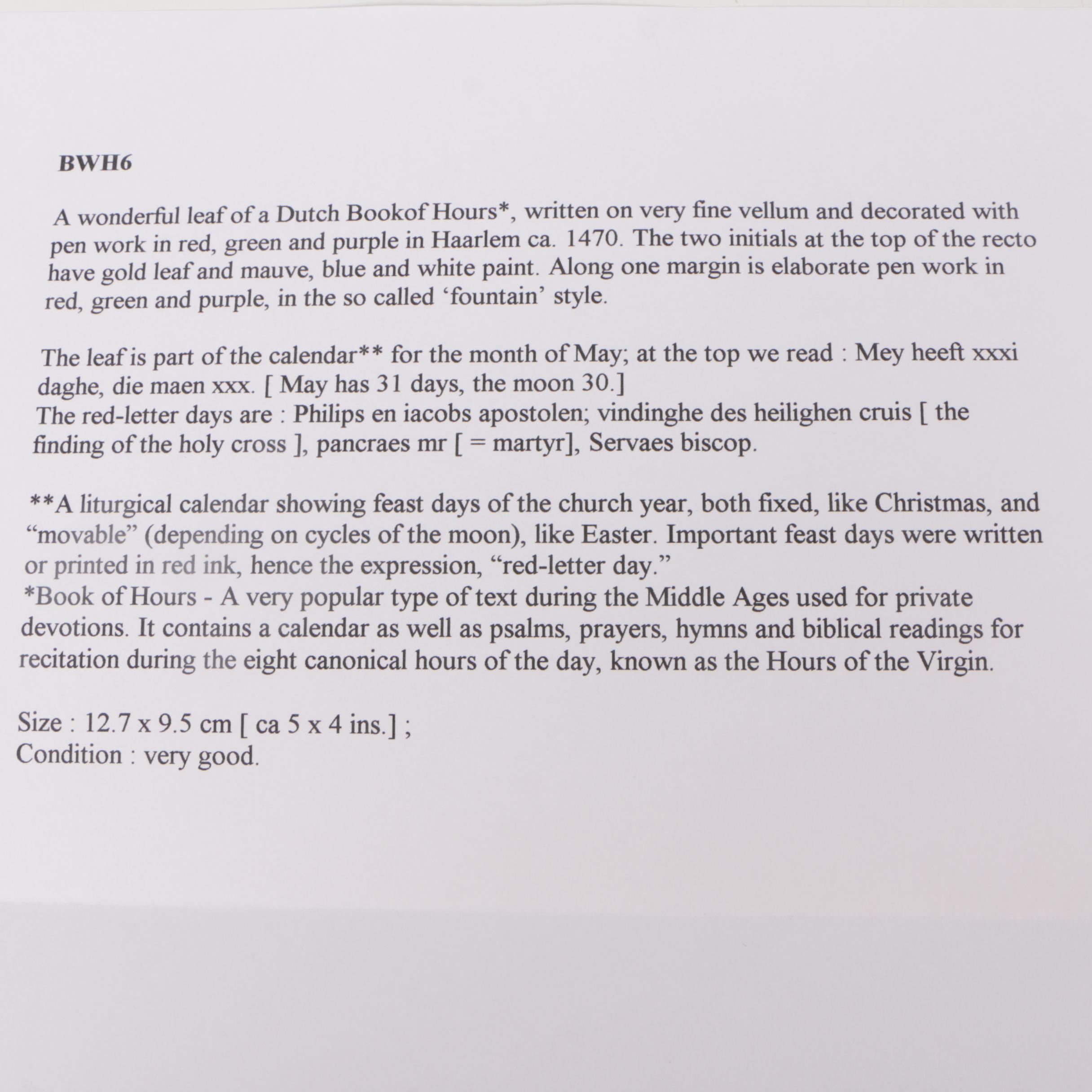 Circa 15th Century Calendar Pages from Illuminated Manuscripts