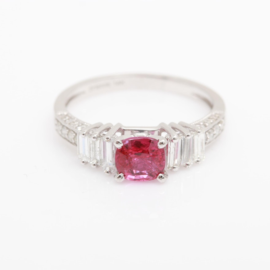 14K White Gold Untreated 1.05 CT Ruby and Diamond Ring With GIA Report