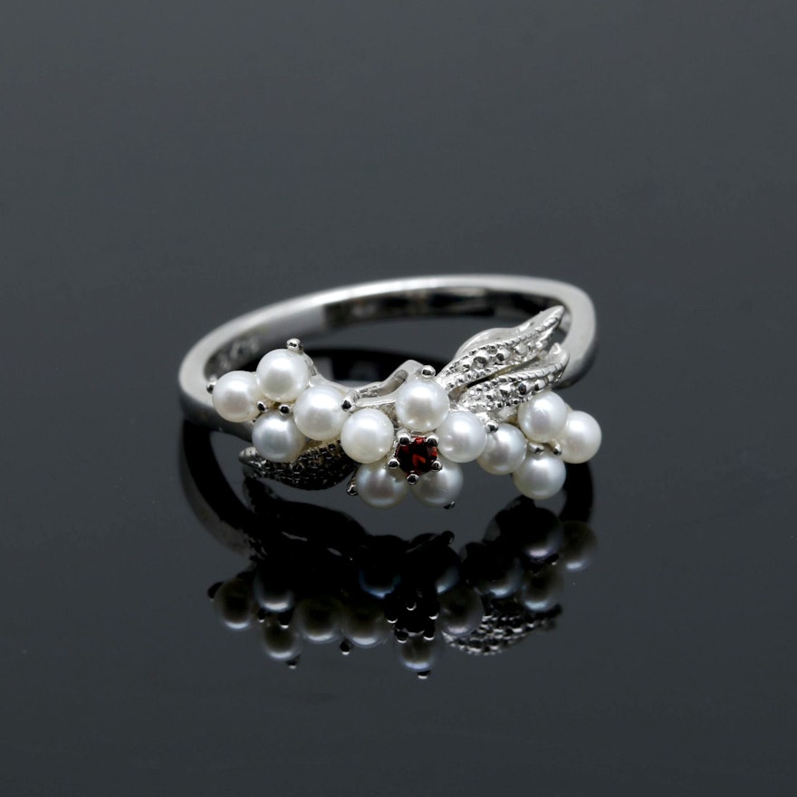 18K White Gold Seed Pearl and Garnet Ring