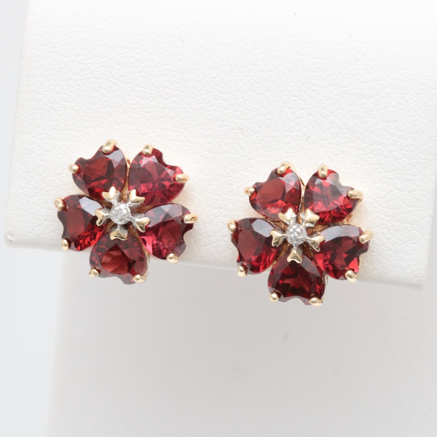 10K Yellow Gold, Garnet and Diamond Flower Earrings