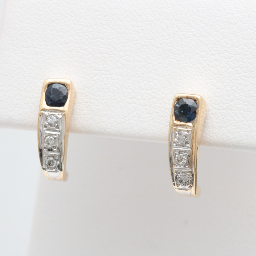 14K Yellow Gold, Blue Sapphire and Diamond Earrings