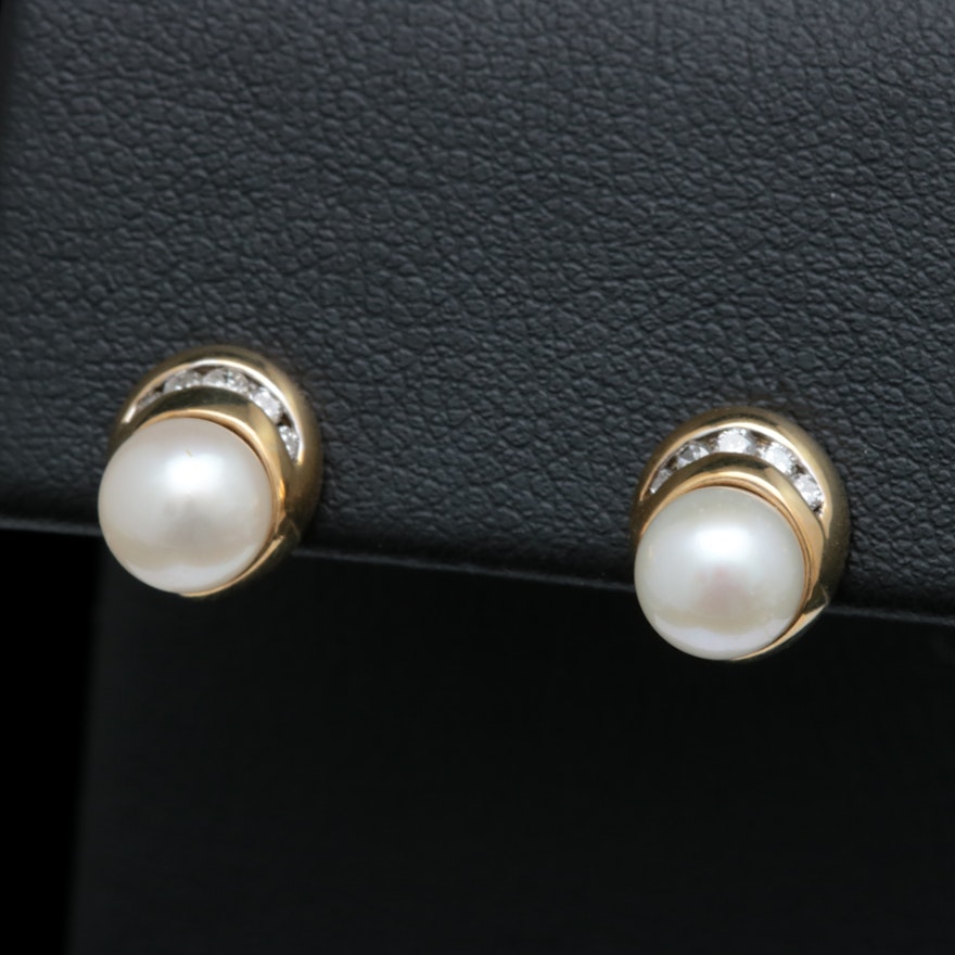 10K Yellow Gold, Pearl and Diamond Earrings